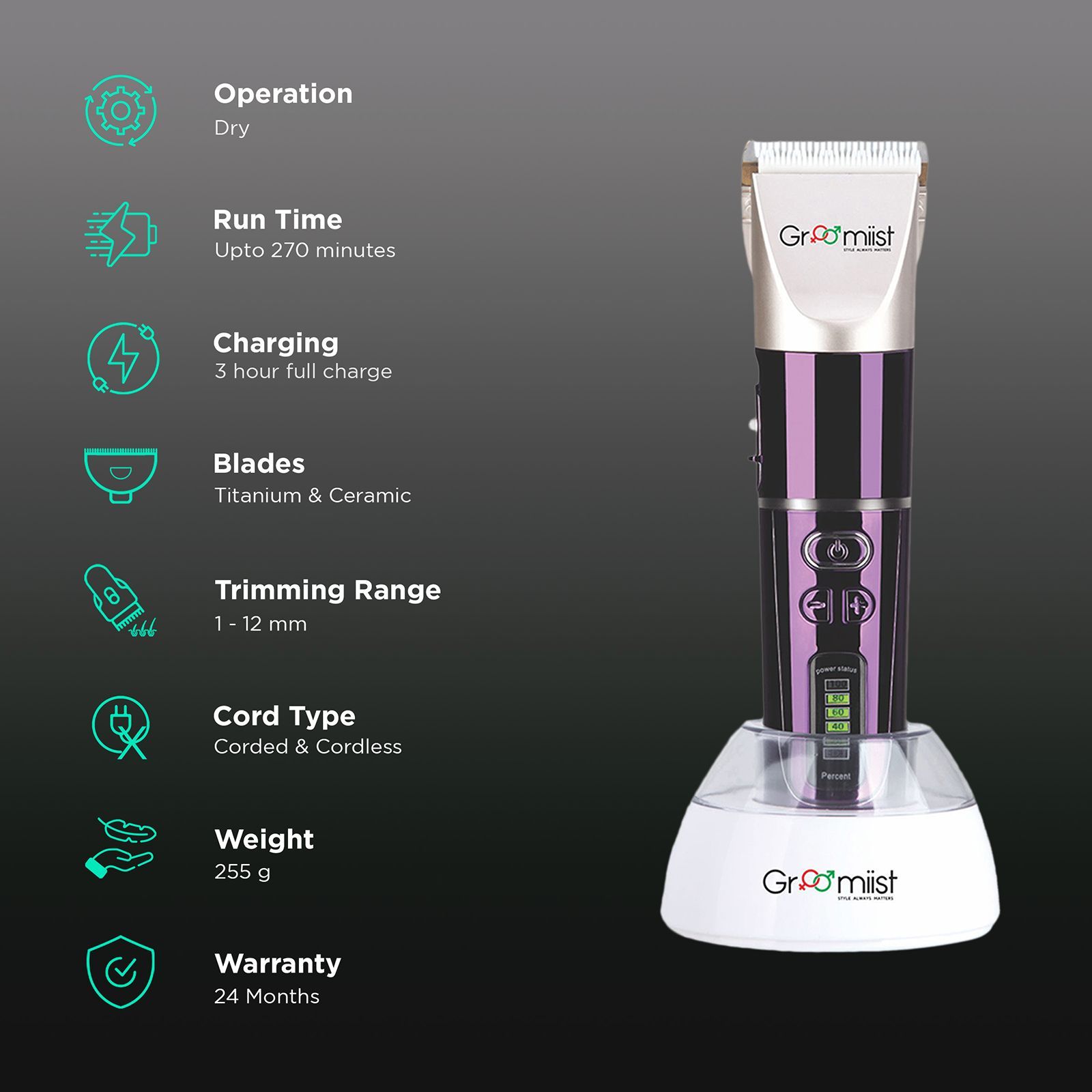 Groomiist Platinum Series Rechargeable Corded & Cordless Dry Trimmer for Hair Clipping, Beard & Moustache with 4 Length Settings for Men (270min Runtime, Charging Dock, Purple & Ivory)_2