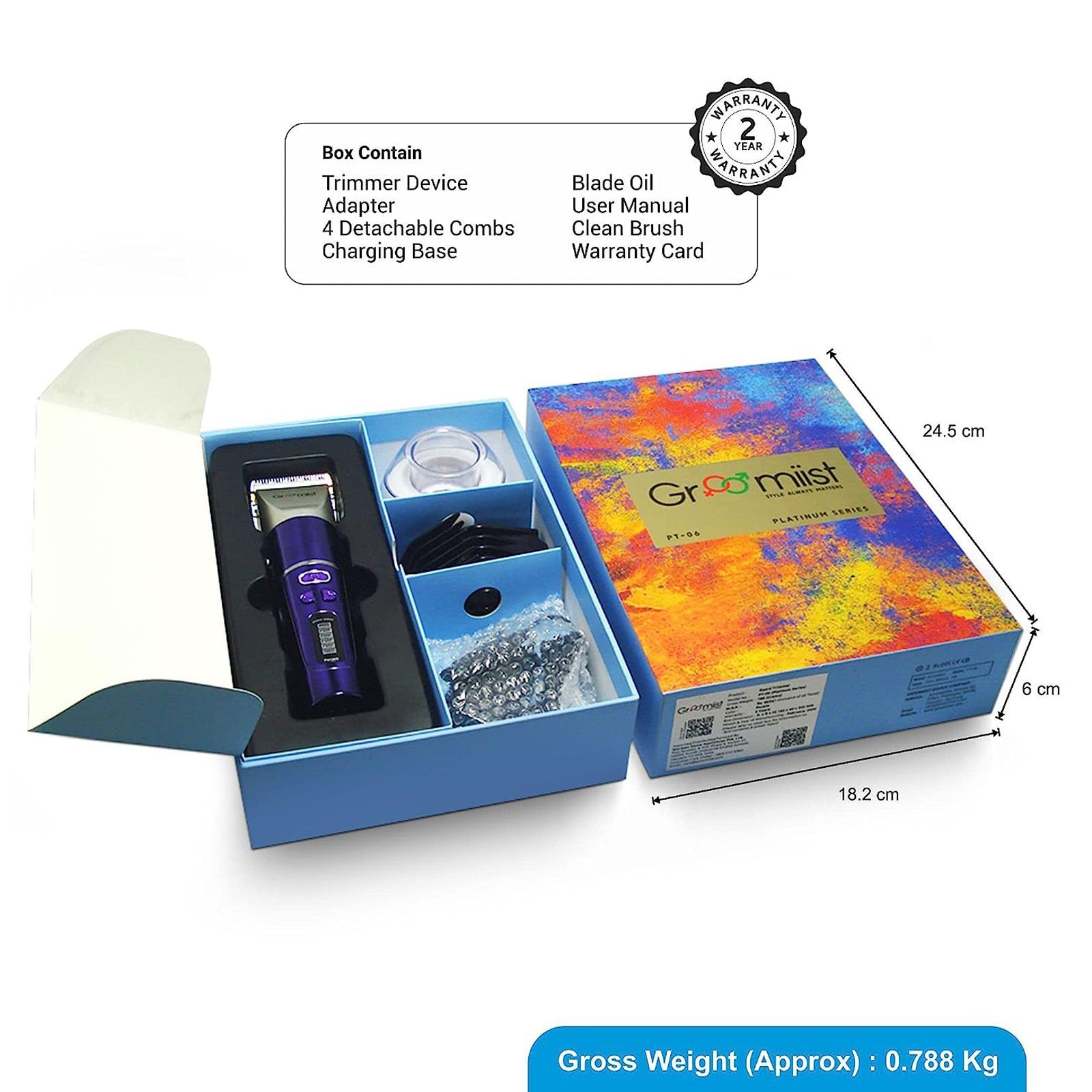 Groomiist Platinum Series Rechargeable Corded & Cordless Dry Trimmer for Hair Clipping, Beard & Moustache with 4 Length Settings for Men (270min Runtime, Charging Dock, Purple & Ivory)_3