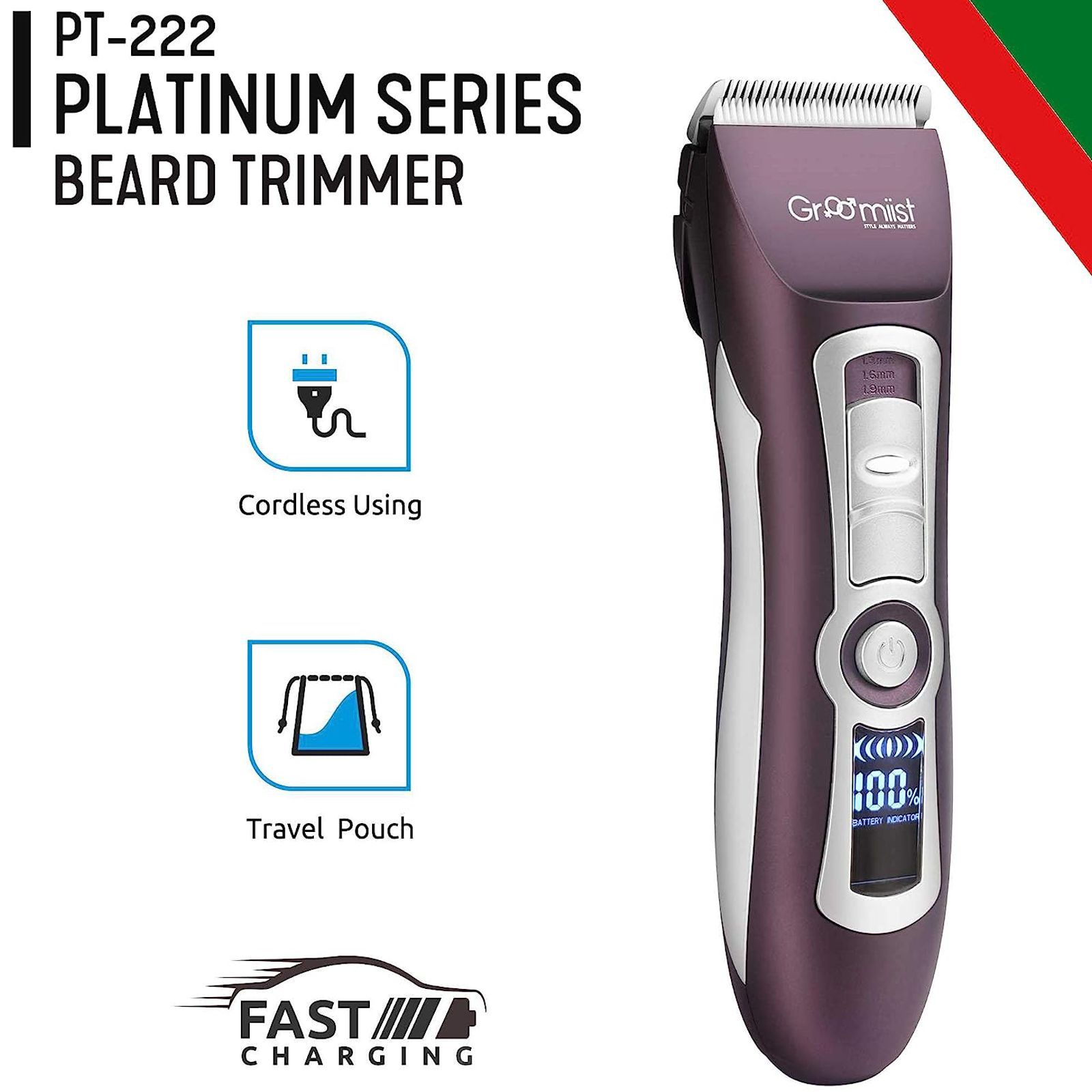 Groomiist Platinum Series Rechargeable Corded & Cordless Dry Trimmer for Hair Clipping, Beard & Moustache with 4 Length Settings for Men (300min Runtime, LCD Display with Indicators, Brown & Ivory)_6