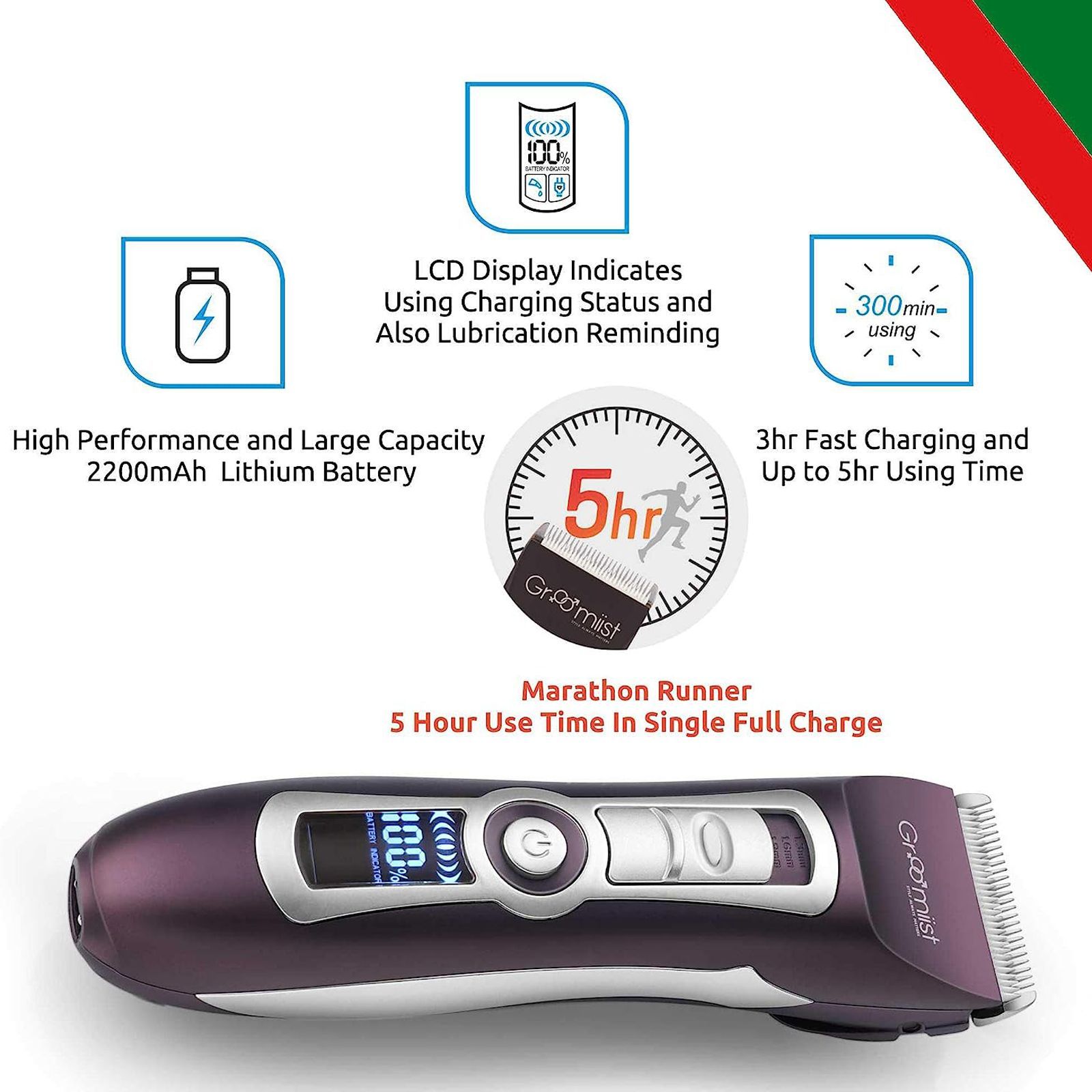 Groomiist Platinum Series Rechargeable Corded & Cordless Dry Trimmer for Hair Clipping, Beard & Moustache with 4 Length Settings for Men (300min Runtime, LCD Display with Indicators, Brown & Ivory)_7