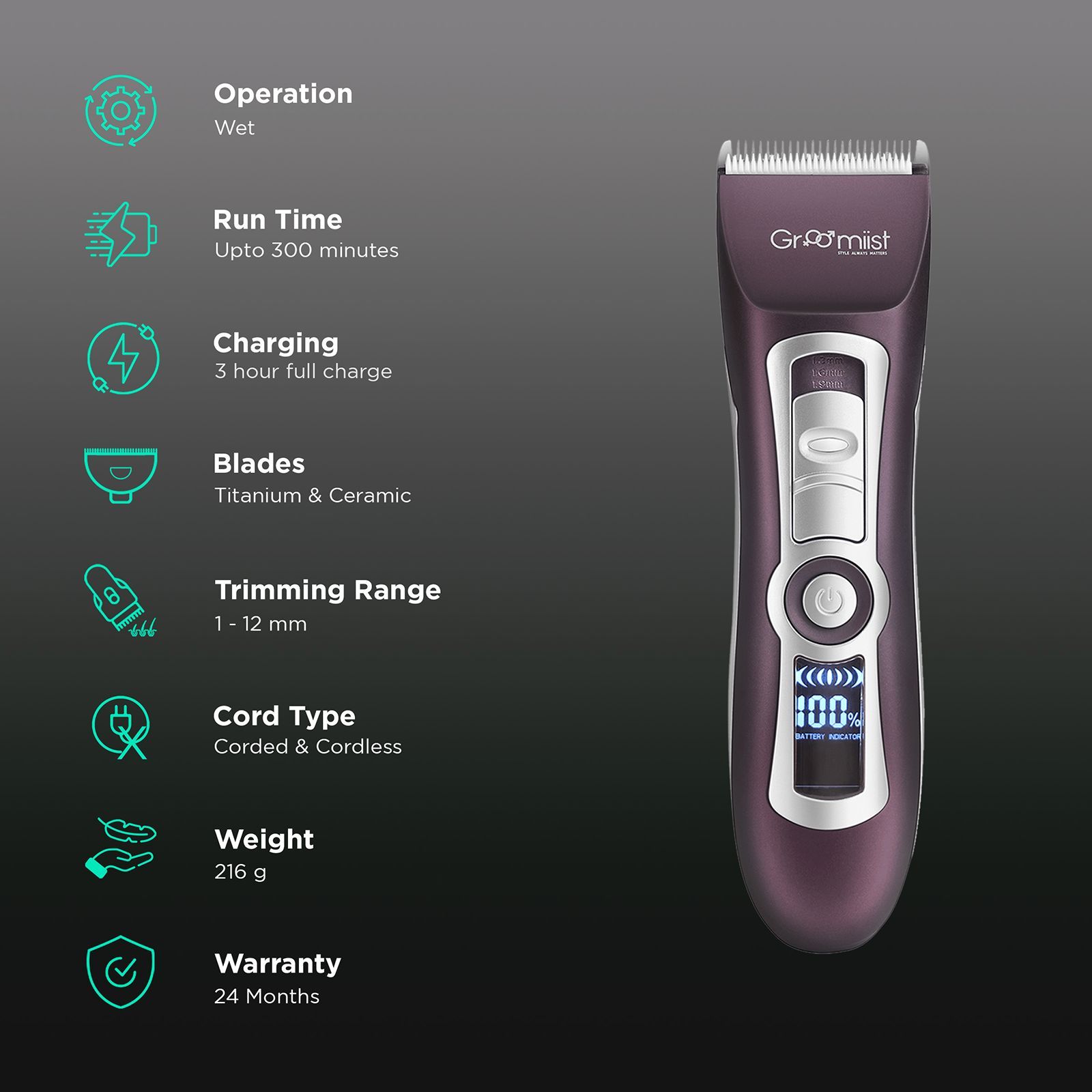 Groomiist Platinum Series Rechargeable Corded & Cordless Dry Trimmer for Hair Clipping, Beard & Moustache with 4 Length Settings for Men (300min Runtime, LCD Display with Indicators, Brown & Ivory)_2