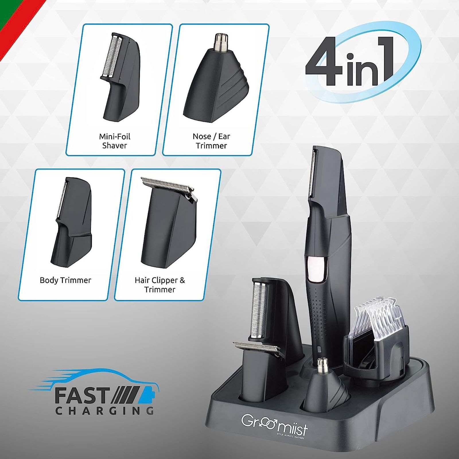 Groomiist Platinum Series 4-in-1 Rechargeable Corded & Cordless Grooming Kit for Nose, Ear, Eyebrow, Beard & Moustache for Men (90min Runtime, IPX6 Waterproof, Black)_7