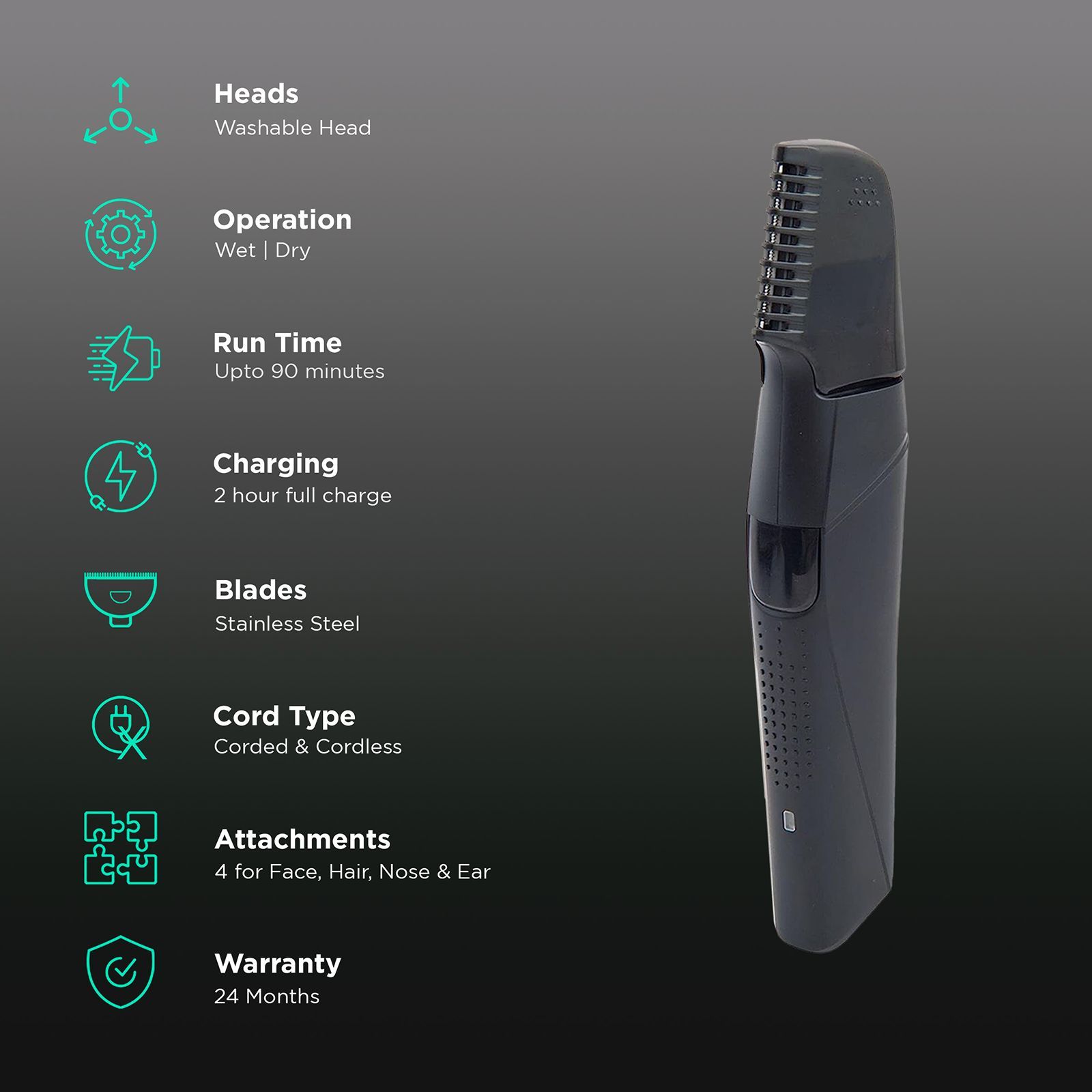 Groomiist Platinum Series 4-in-1 Rechargeable Corded & Cordless Grooming Kit for Nose, Ear, Eyebrow, Beard & Moustache for Men (90min Runtime, IPX6 Waterproof, Black)_2