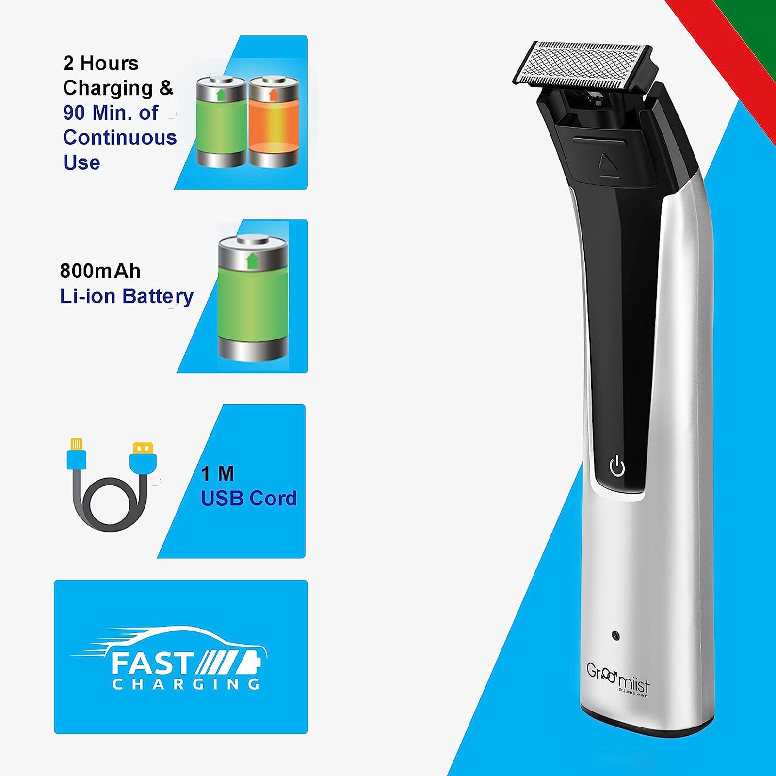 Groomiist Copper Series Rechargeable Corded & Cordless Wet & Dry Trimmer for Hair Clipping, Beard & Moustache for Men (90min Runtime, IPX6 Waterproof, Silver & Black)_6