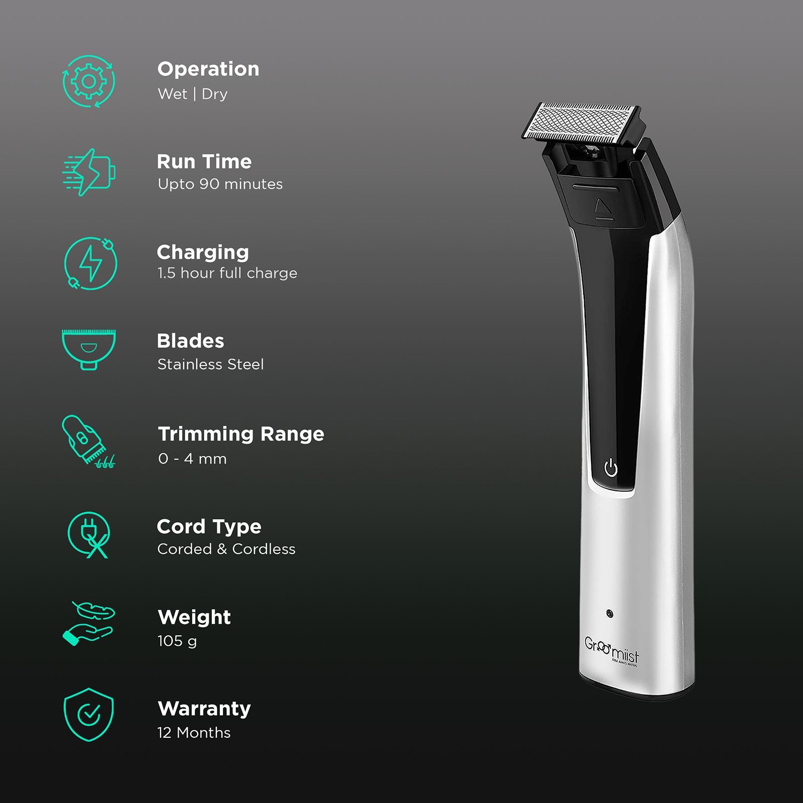 Groomiist Copper Series Rechargeable Corded & Cordless Wet & Dry Trimmer for Hair Clipping, Beard & Moustache for Men (90min Runtime, IPX6 Waterproof, Silver & Black)_2