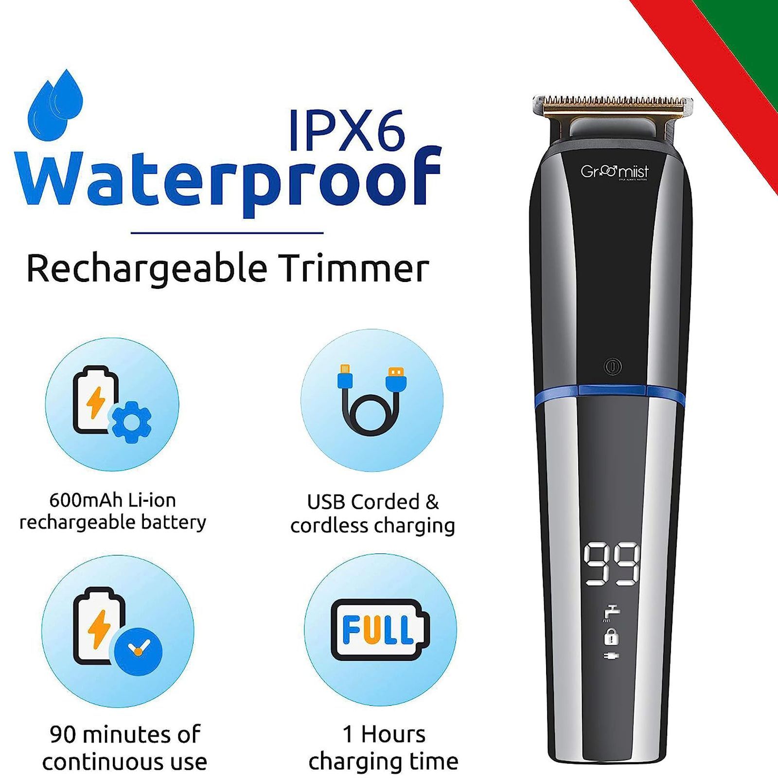 Groomiist Copper Series Rechargeable Corded & Cordless Wet & Dry Trimmer for Hair Clipping, Beard & Moustache for Men (90min Runtime, IPX6 Waterproof, Black & Chrome)_7