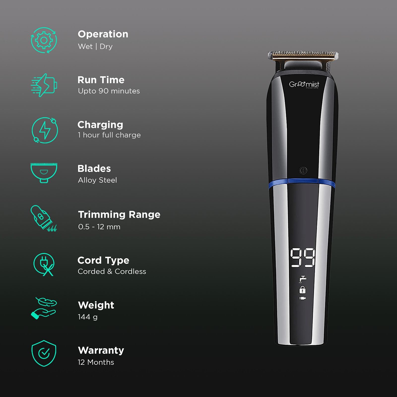 Groomiist Copper Series Rechargeable Corded & Cordless Wet & Dry Trimmer for Hair Clipping, Beard & Moustache for Men (90min Runtime, IPX6 Waterproof, Black & Chrome)_2