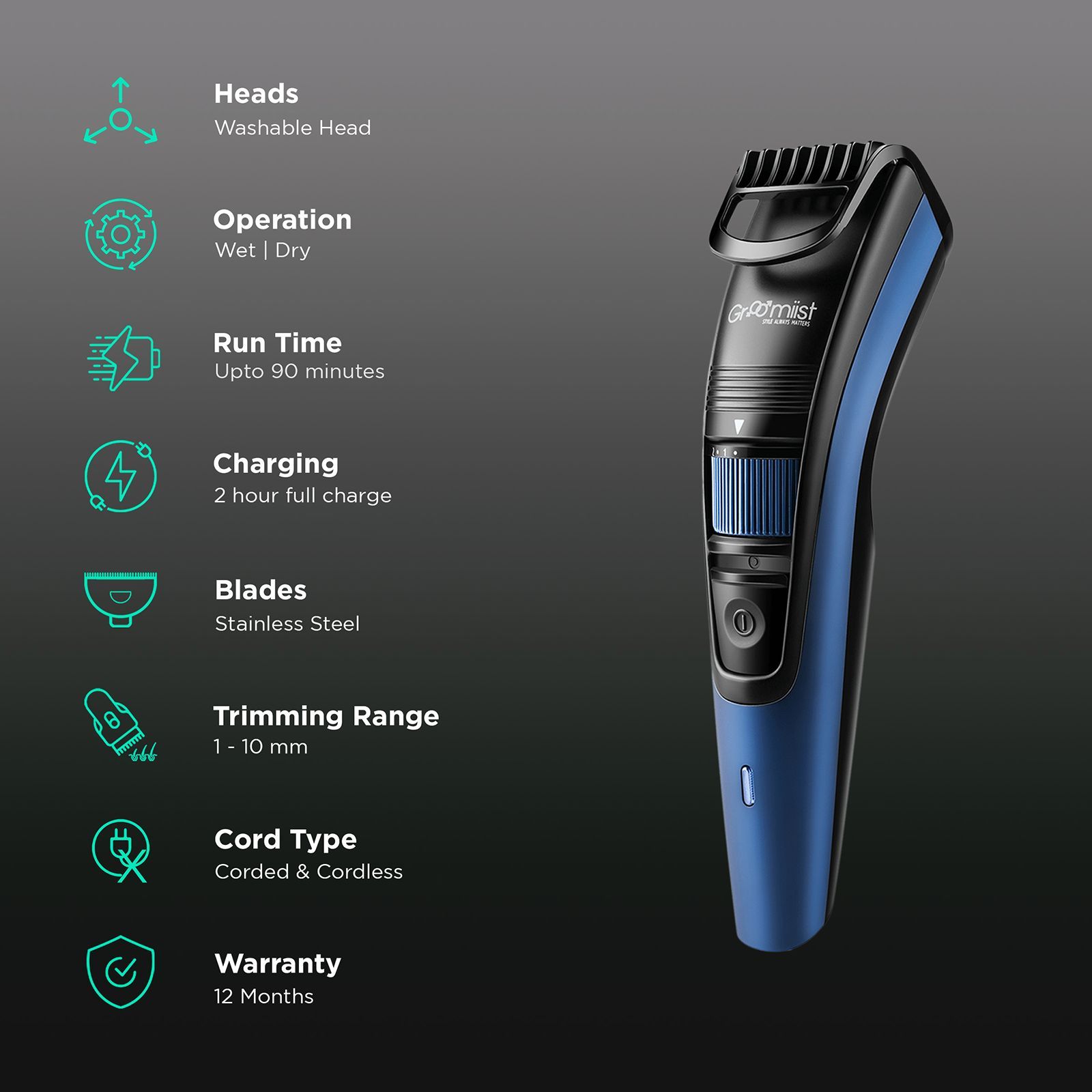 Groomiist Copper Series Rechargeable Corded & Cordless Wet & Dry Trimmer for Beard & Moustache with 20 Length Settings for Men (90min Runtime, LED Indicator, Black & Blue) Groomiist Copper Series Rechargeable Corded & Cordless Wet & Dry Trimmer for Beard & Moustache with 20 Length Settings for Men (90min Runtime, LED Indicator, Black & Blue)_2