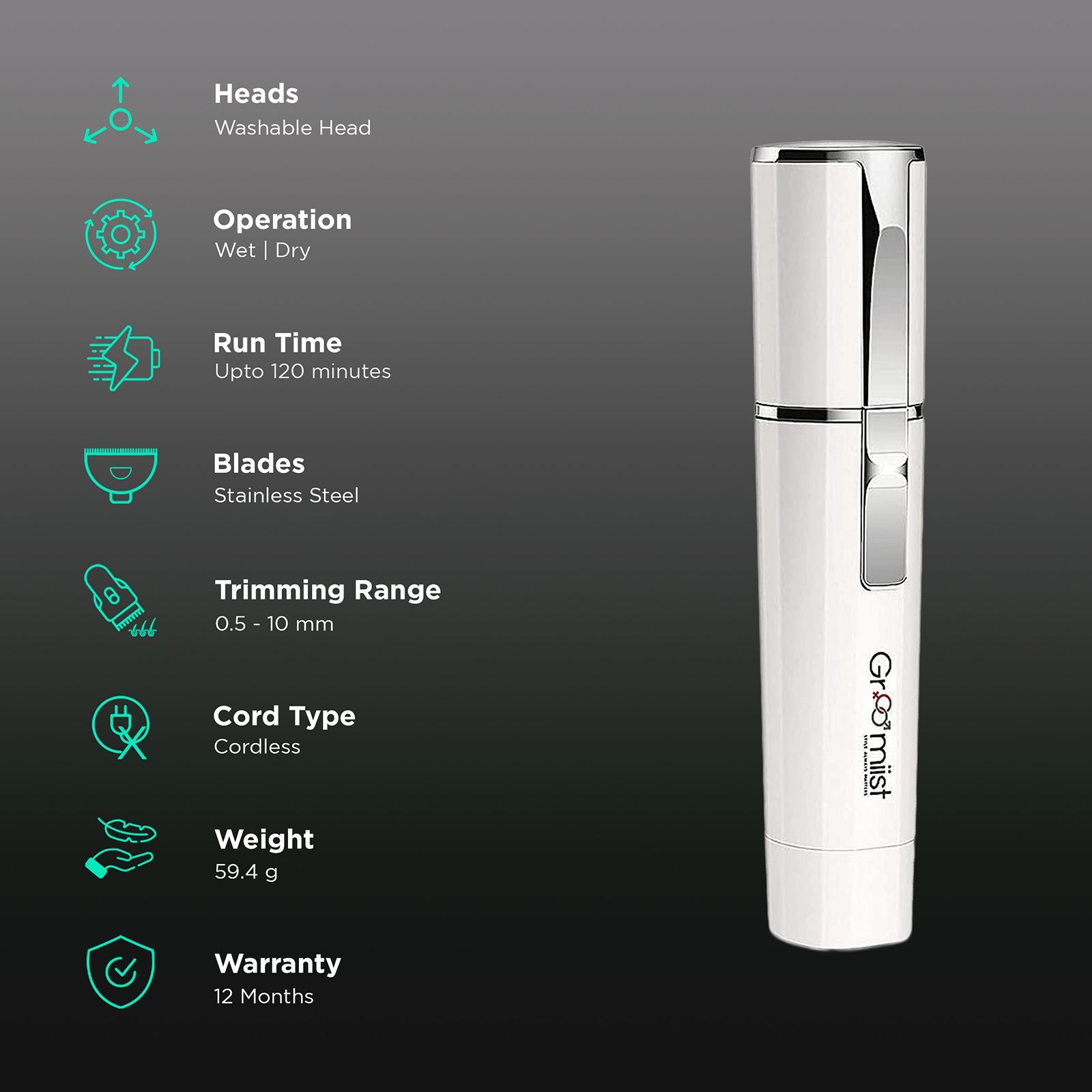 Groomiist Copper Series Cordless Wet & Dry Trimmer for Upper, Lower Lips, Cheeks, Chin & Neck for Women (120min Runtime, IPX5 Waterproof, White)_2