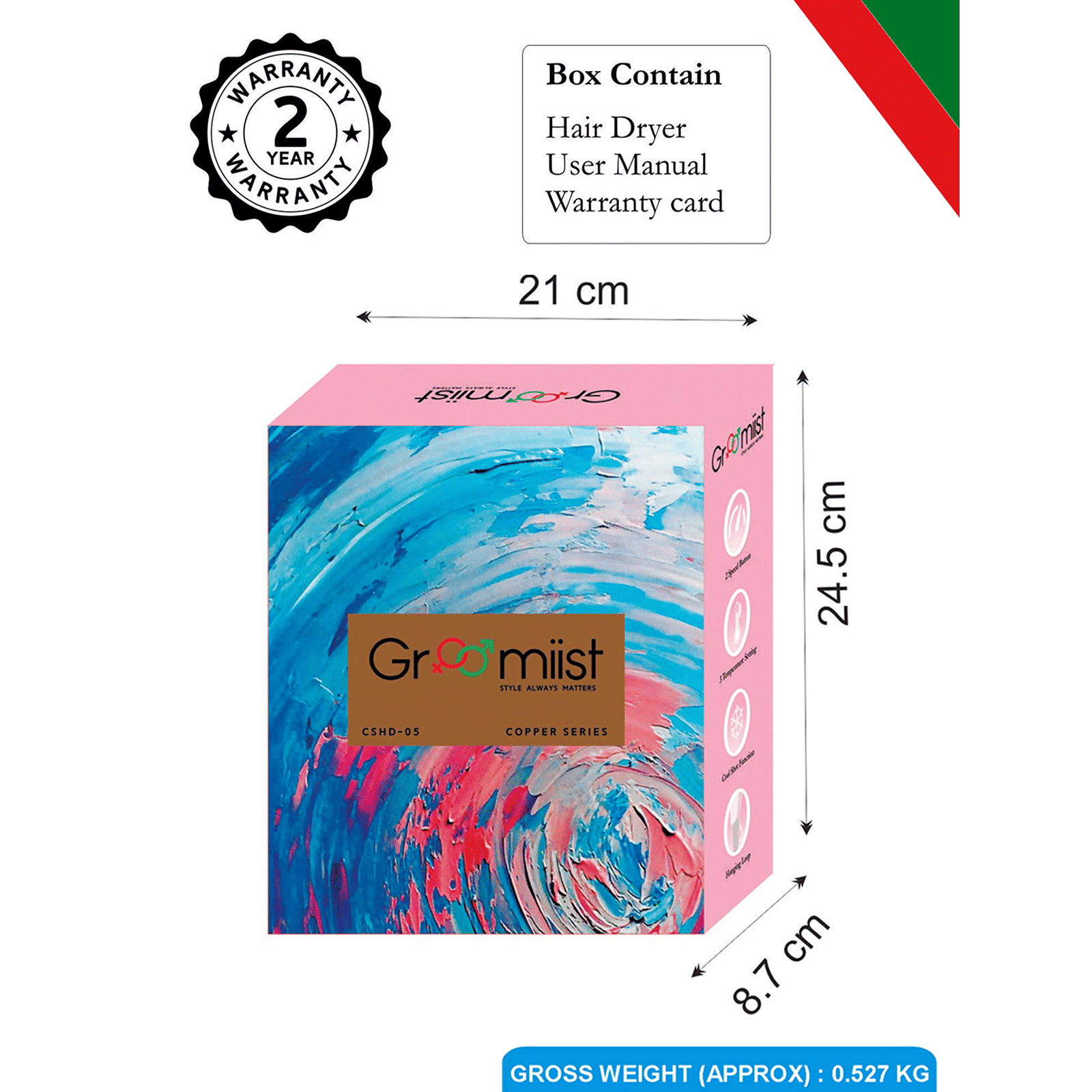 Groomiist Copper Series Hair Dryer with 2 Heat Settings & Cool Shot (Motor & Fan Balance Technology, White & Peach)_3