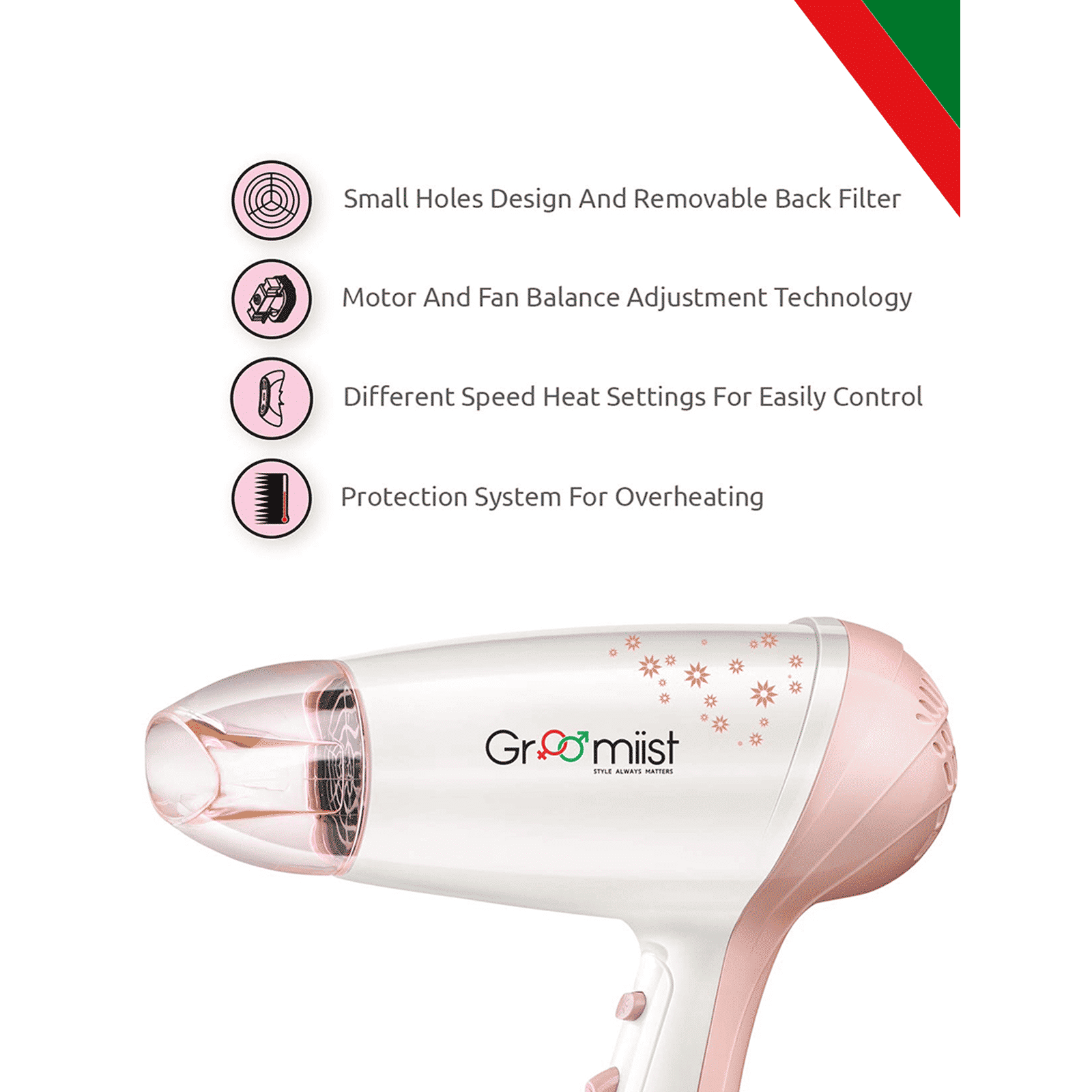 Groomiist Copper Series Hair Dryer with 2 Heat Settings & Cool Shot (Motor & Fan Balance Technology, White & Peach)_4
