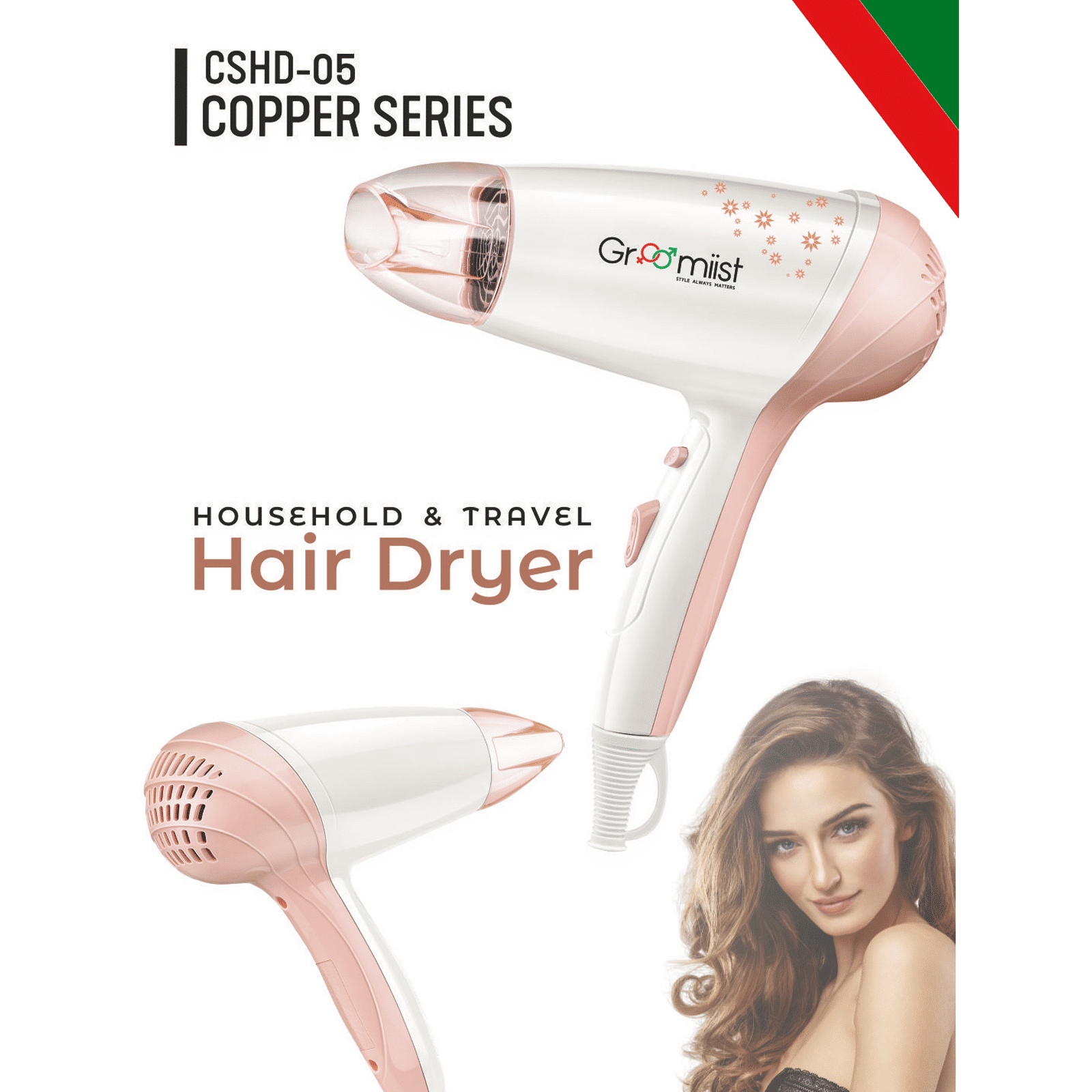 Groomiist Copper Series Hair Dryer with 2 Heat Settings & Cool Shot (Motor & Fan Balance Technology, White & Peach)_5