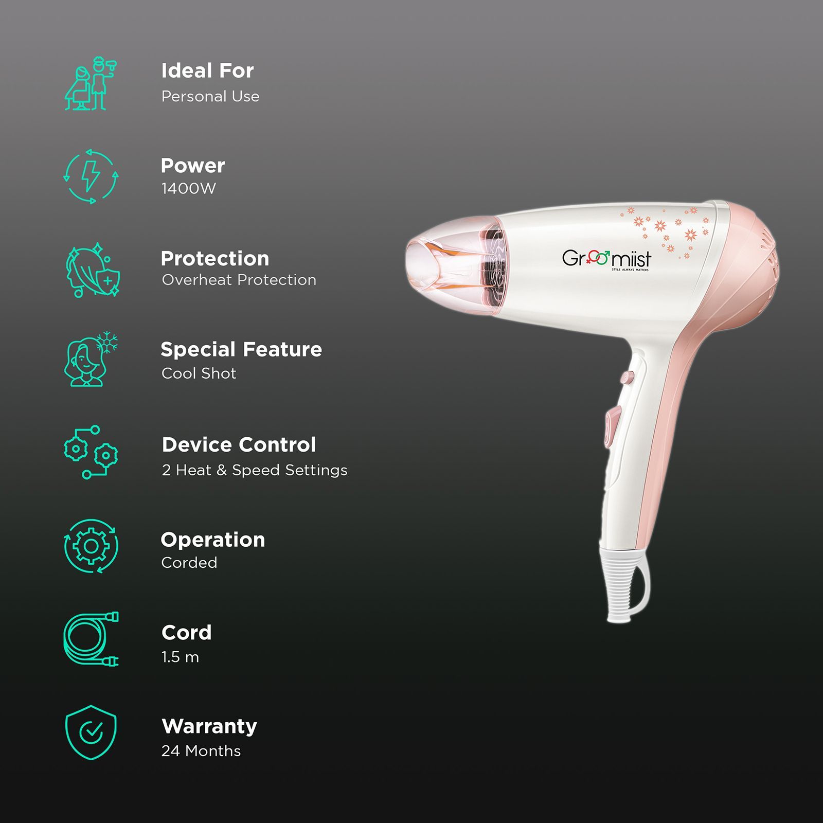 Groomiist Copper Series Hair Dryer with 2 Heat Settings & Cool Shot (Motor & Fan Balance Technology, White & Peach)_2