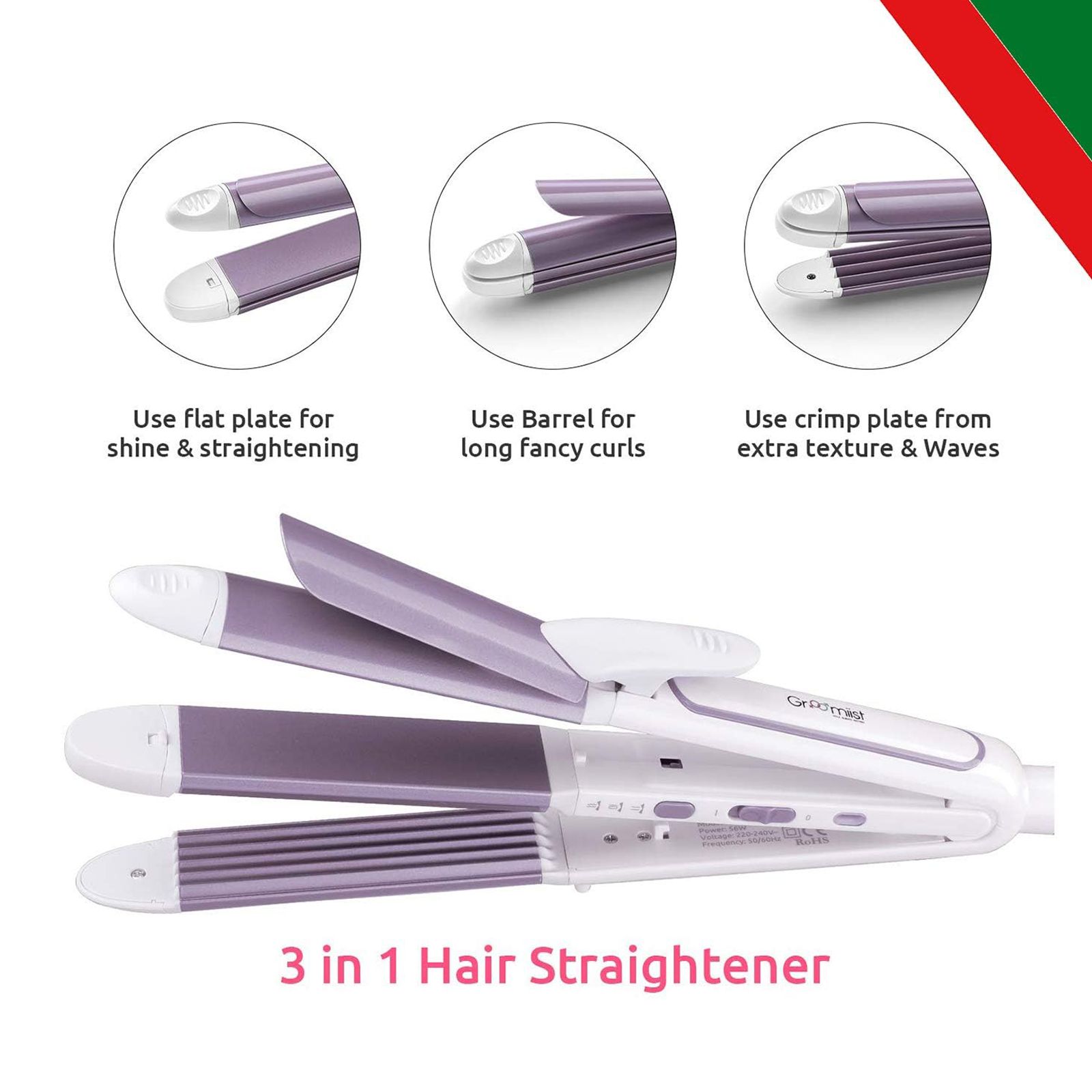 Groomiist Gold Series 3-in-1 Hair Straightener with Lock Button (Ceramic Plates, Pink)_7