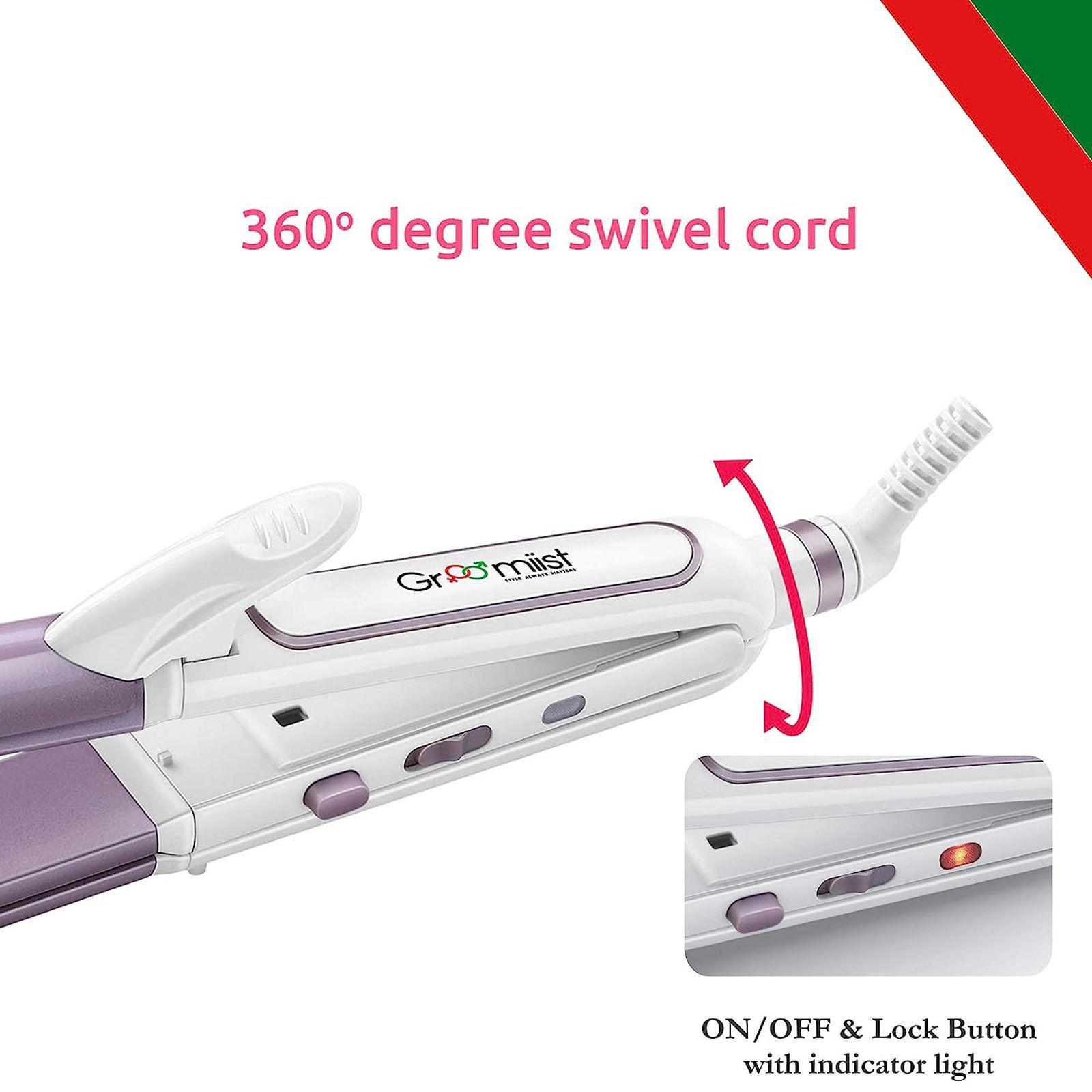 Groomiist Gold Series 3-in-1 Hair Straightener with Lock Button (Ceramic Plates, Pink)_8