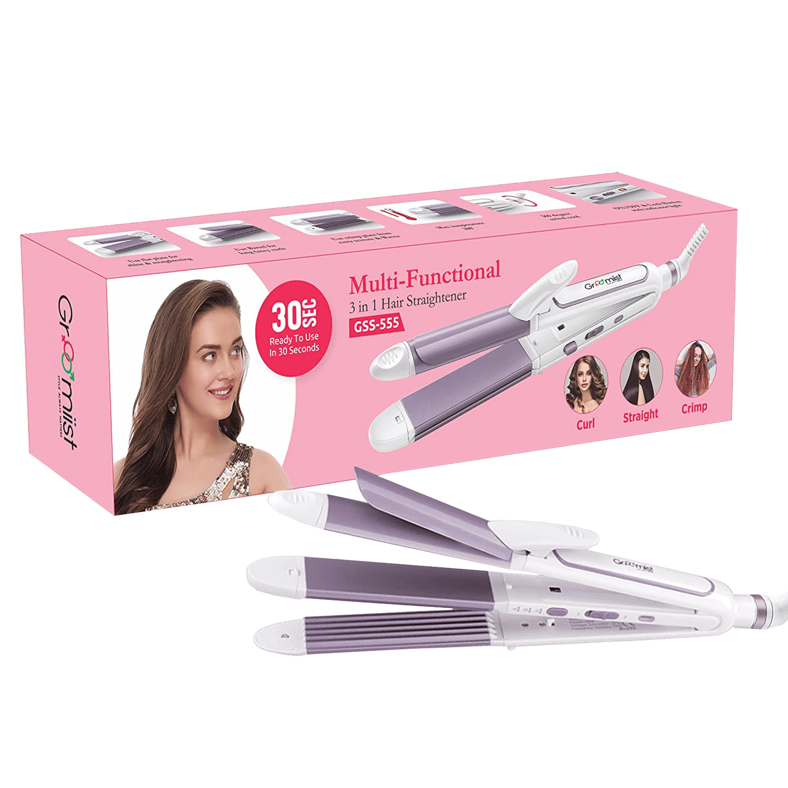 Groomiist Gold Series 3-in-1 Hair Straightener with Lock Button (Ceramic Plates, Pink)_9
