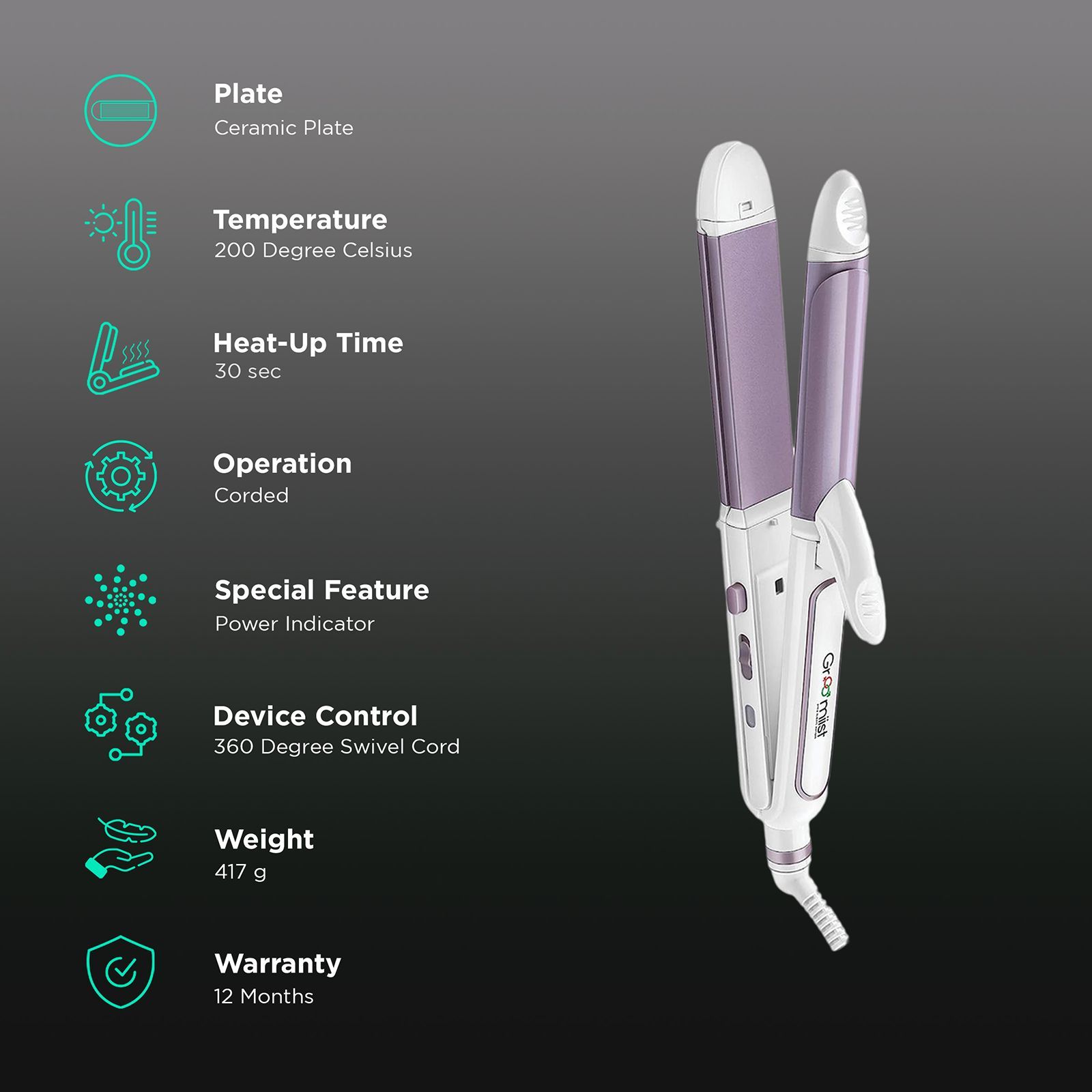 Groomiist Gold Series 3-in-1 Hair Straightener with Lock Button (Ceramic Plates, Pink)_3