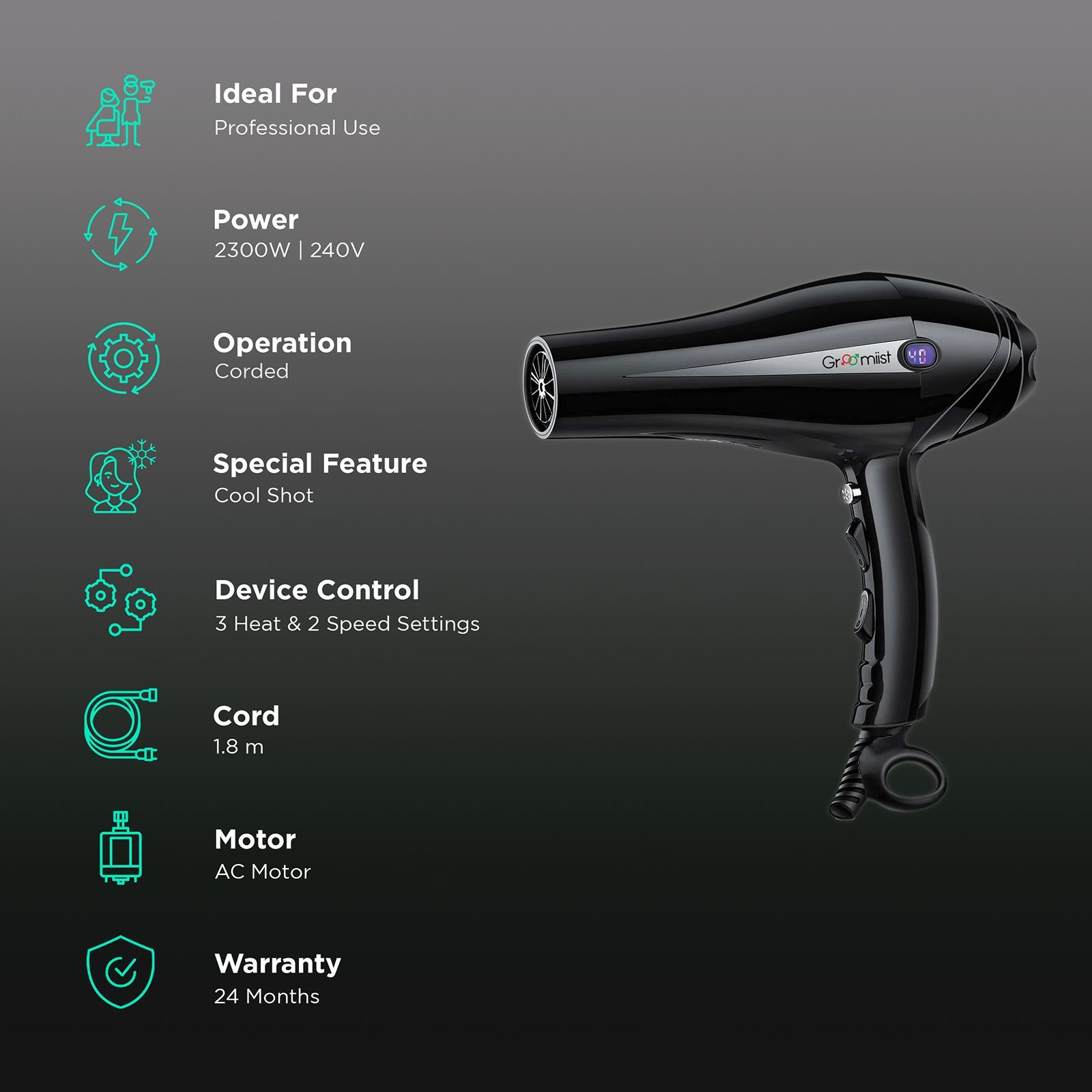 Groomiist Professional Series Hair Dryer with 3 Heat Settings (Ionic & Ceramic Technology, Black)_2