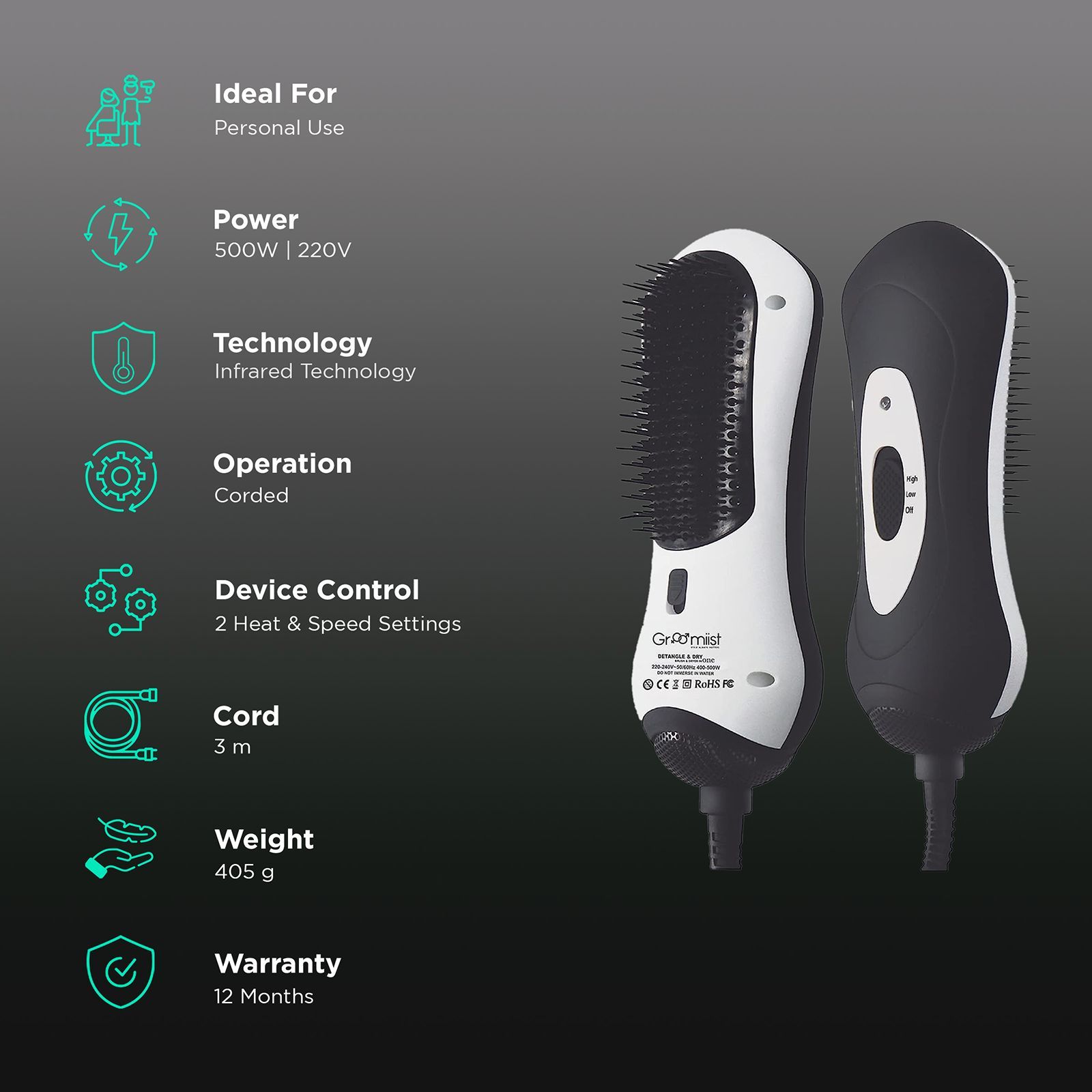 Groomiist Hair Dryer with 2 Heat Settings (Infrared Technology, White & Black)_2