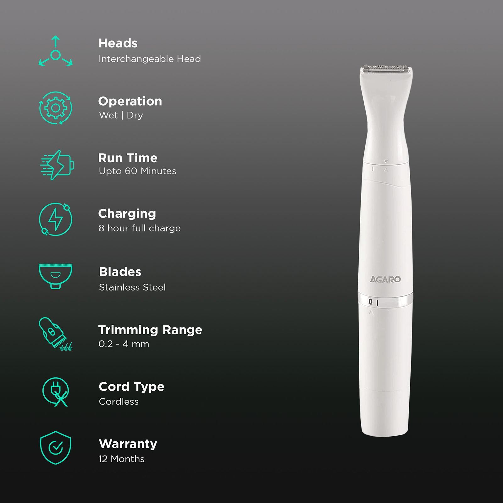 AGARO 2107 Rechargeable Cordless Wet & Dry Trimmer for Intimate Areas, Nose, Ear & Eyebrow with 2 Length Settings for Women (60min Runtime, IPX4 Water Resistant, White) AGARO 2107 Rechargeable Cordless Wet & Dry Trimmer for Intimate Areas, Nose, Ear & Eyebrow with 2 Length Settings for Women (60min Runtime, IPX4 Water Resistant, White)_2