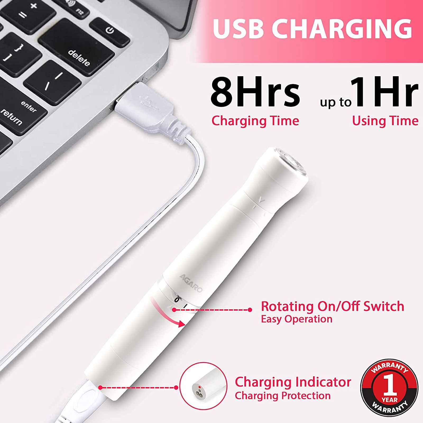 AGARO 2107 Rechargeable Cordless Wet & Dry Trimmer for Intimate Areas, Nose, Ear & Eyebrow with 2 Length Settings for Women (60min Runtime, IPX4 Water Resistant, White) AGARO 2107 Rechargeable Cordless Wet & Dry Trimmer for Intimate Areas, Nose, Ear & Eyebrow with 2 Length Settings for Women (60min Runtime, IPX4 Water Resistant, White)_3