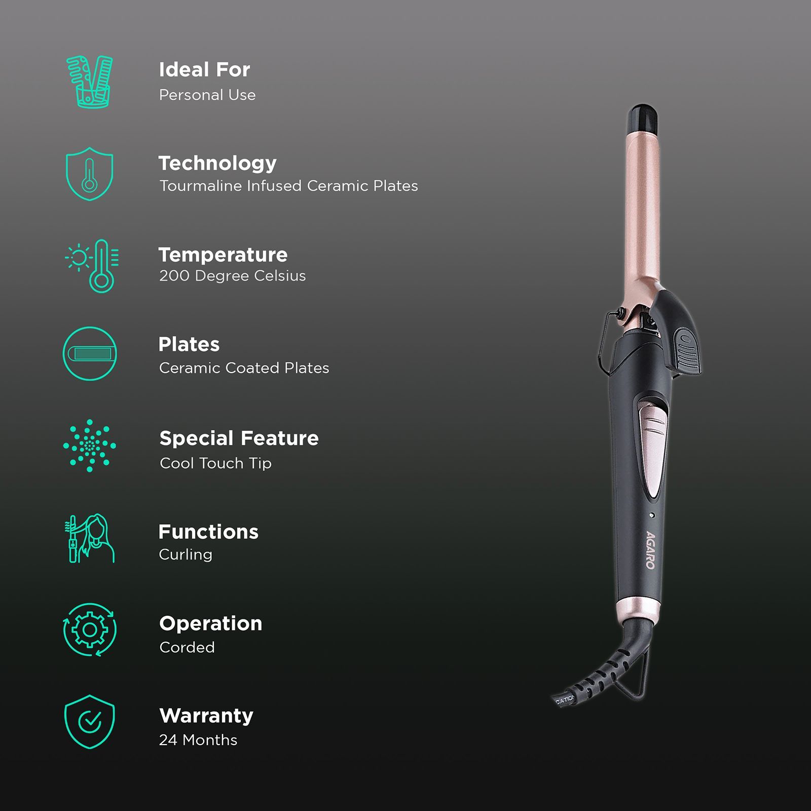 AGARO HC6001 Hair Styler with Tourmaline Infused Ceramic Plates (Cool Touch Tip, Black & Rose Gold)_3