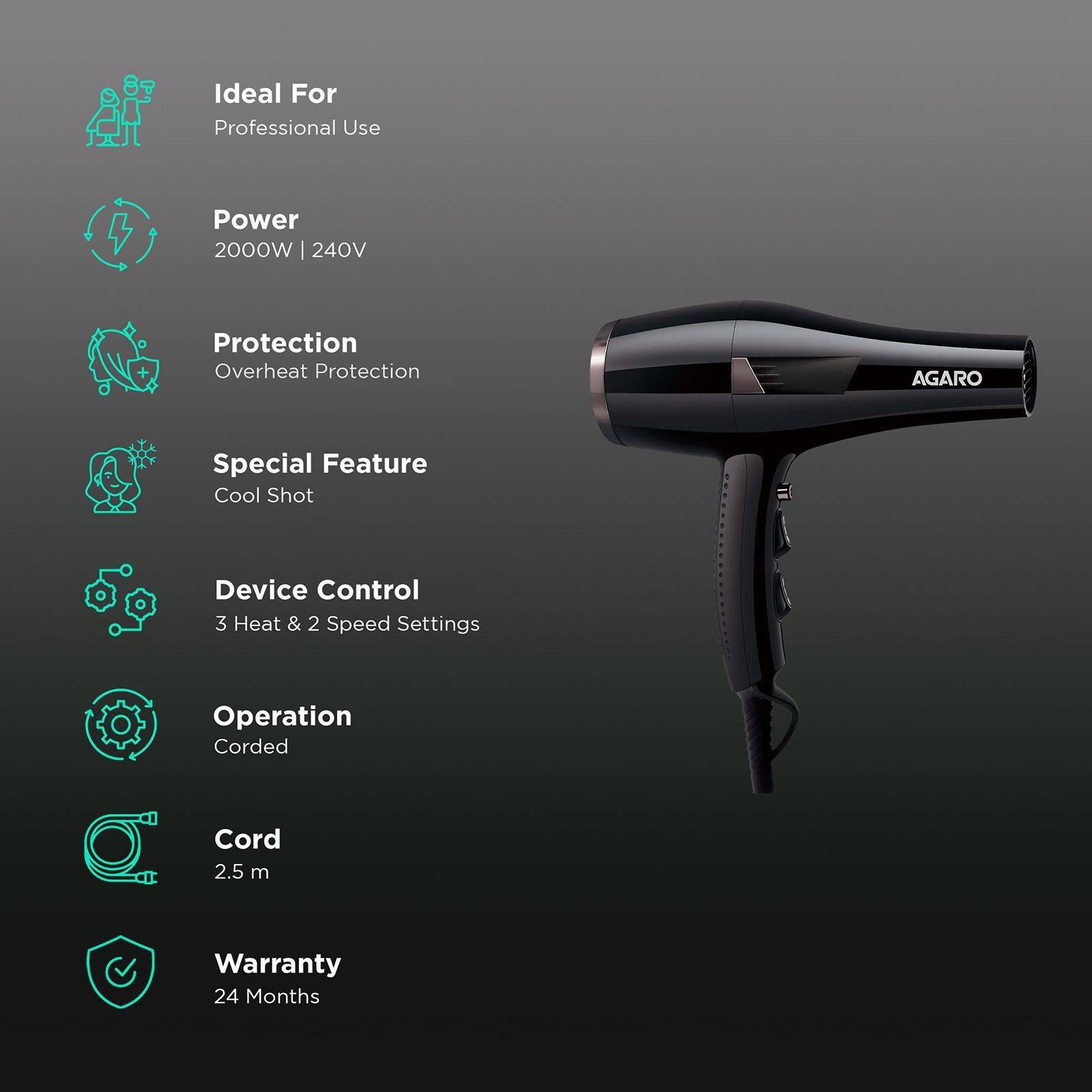 AGARO Turbo Pro Hair Dryer with 3 Heat Settings & Cool Shot (Diffuser, Black)_2