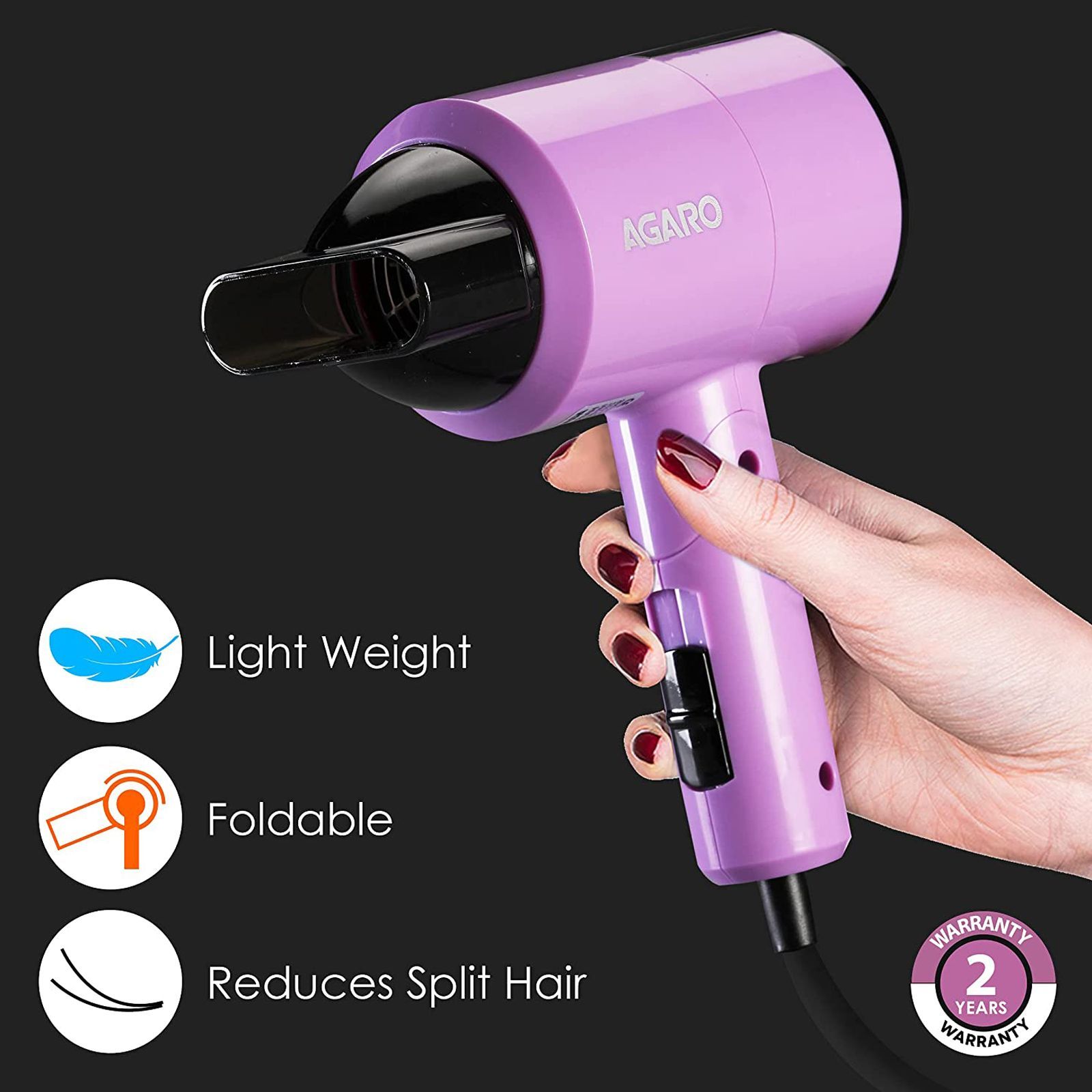 AGARO HD1211 Hair Dryer with 2 Heat Settings & Cool Mode (Overheat Protection, Purple)_3