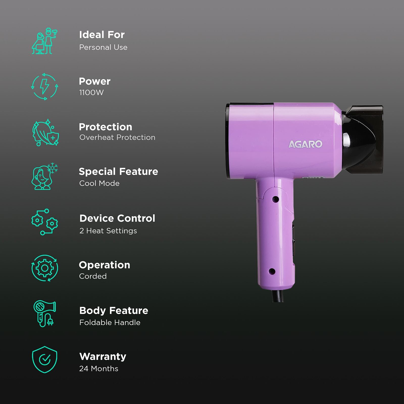 AGARO HD1211 Hair Dryer with 2 Heat Settings & Cool Mode (Overheat Protection, Purple)_2