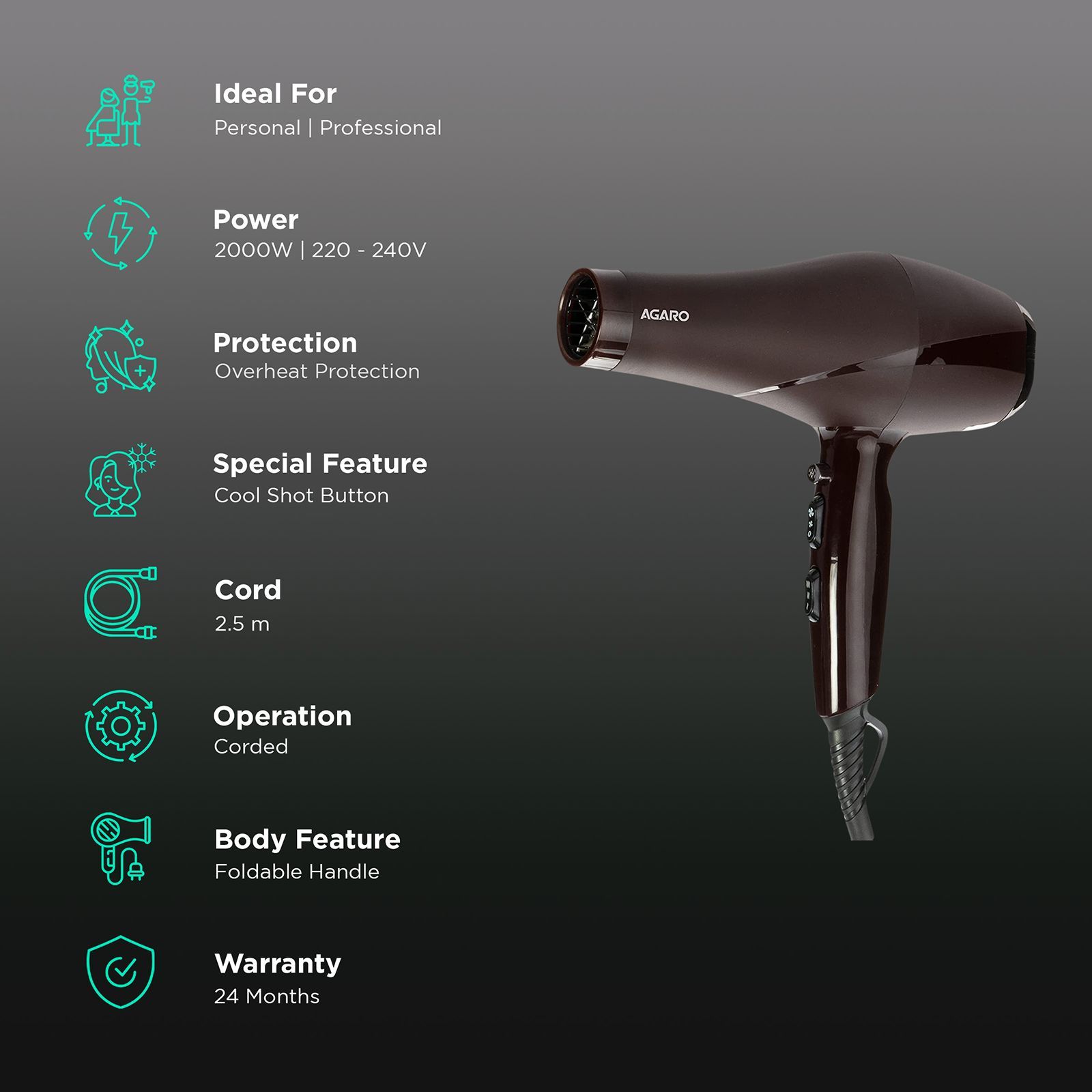 AGARO HD 1120 Hair Dryer with 3 Heat Settings & Cool Shot (Ionic Technology, Brown)_2