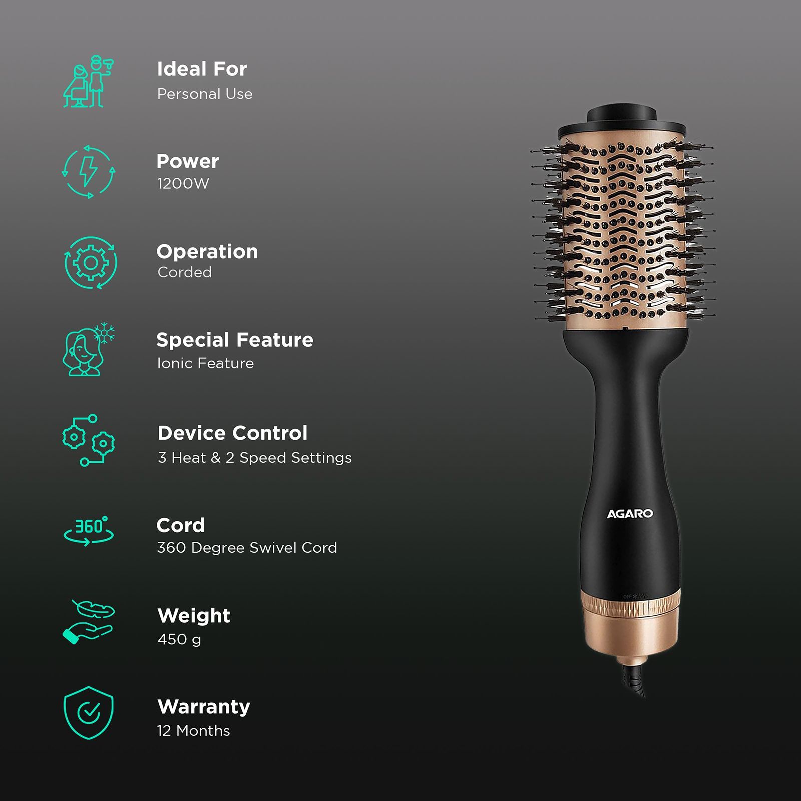 AGARO HV2179 Hair Dryer with 3 Heat Settings (Ionic Technology, Rose Gold & Black)_2