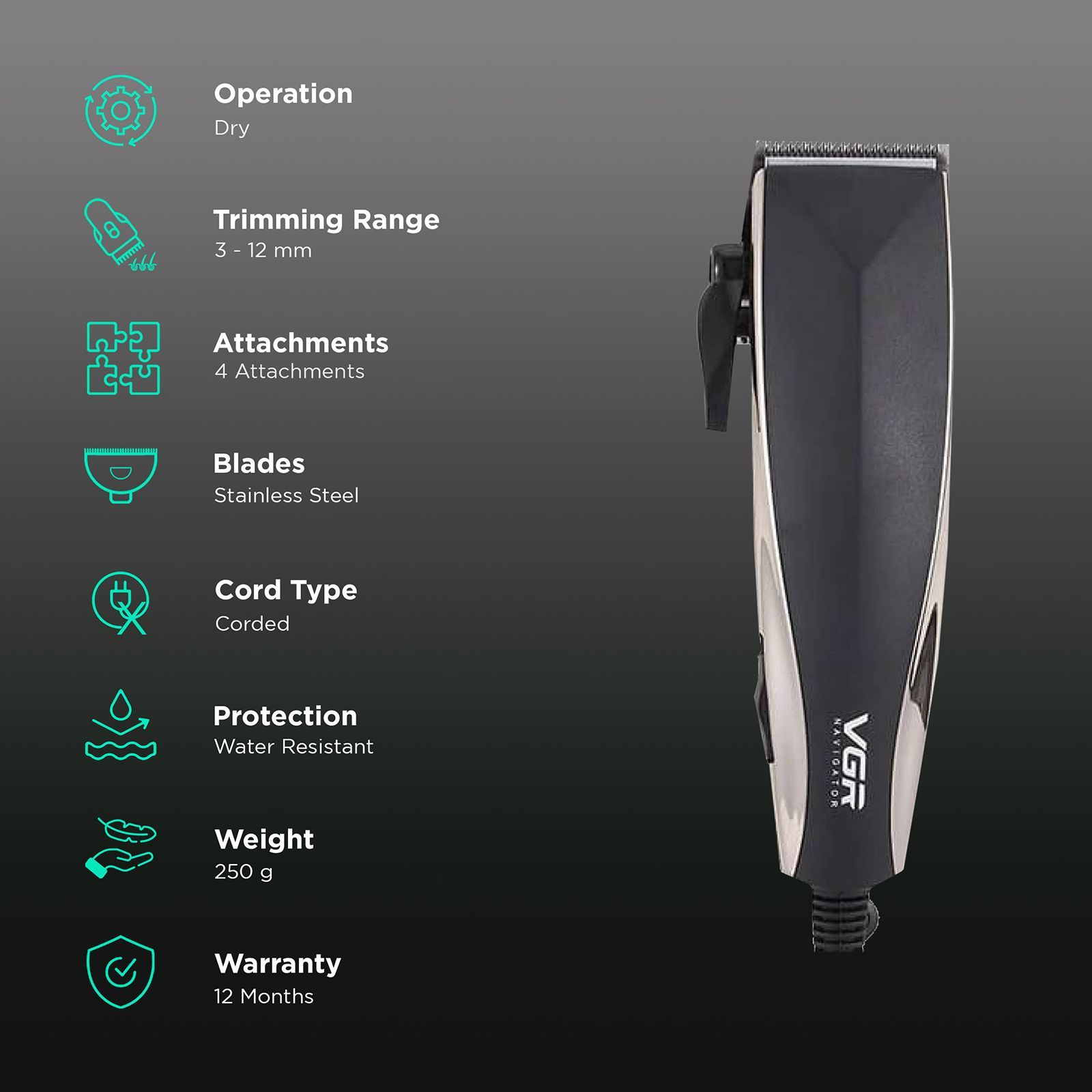 VGR V-033 Corded Dry Trimmer for Hair Clipping, Beard, Moustache & Body Grooming with 4 Length Settings for Men (Low Noise, Black)_2
