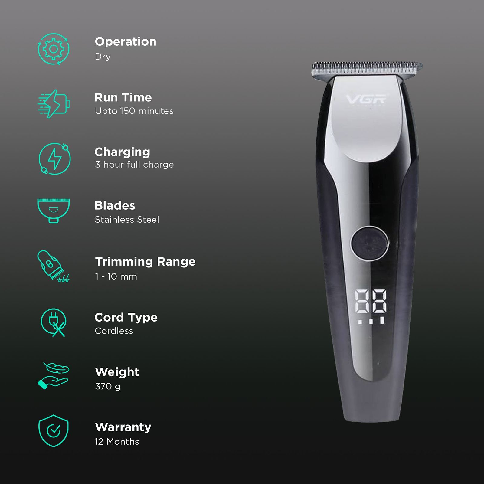 VGR V-059 Rechargeable Cordless Dry Trimmer for Hair Clipping, Beard, Moustache & Body Grooming with 4 Length Settings for Men (150min Runtime, LED Display, Black)_2
