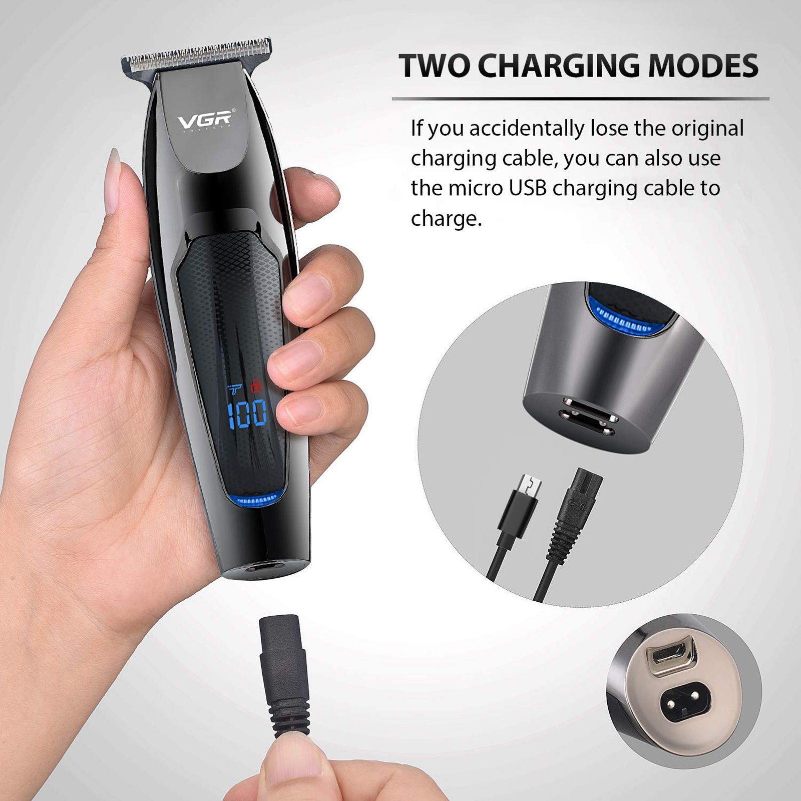 VGR V-070 Rechargeable Cordless Wet & Dry Trimmer for Hair Clipping, Beard, Moustache & Body Grooming with 5 Length Settings for Men (120min Runtime, Digital Display, Black)_4