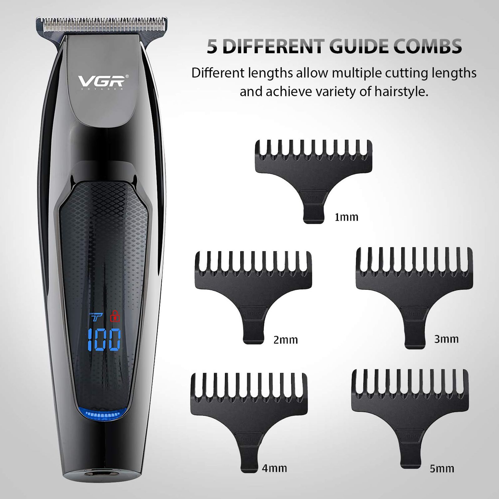 VGR V-070 Rechargeable Cordless Wet & Dry Trimmer for Hair Clipping, Beard, Moustache & Body Grooming with 5 Length Settings for Men (120min Runtime, Digital Display, Black)_5