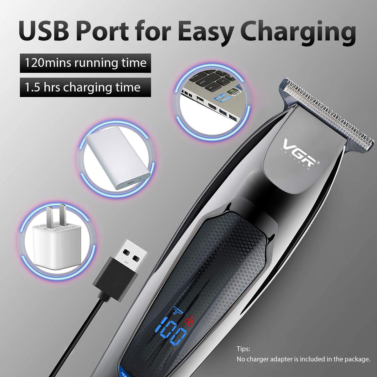 VGR V-070 Rechargeable Cordless Wet & Dry Trimmer for Hair Clipping, Beard, Moustache & Body Grooming with 5 Length Settings for Men (120min Runtime, Digital Display, Black)_6