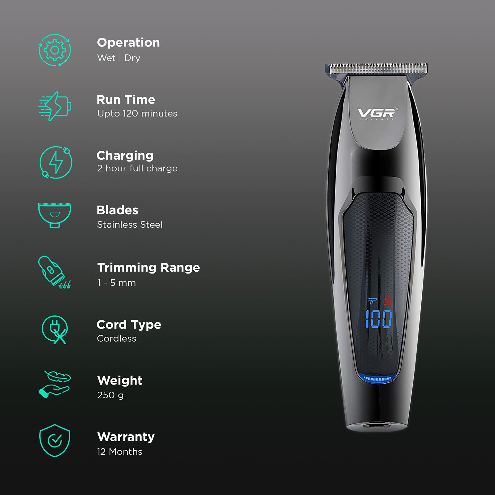 VGR V-070 Rechargeable Cordless Wet & Dry Trimmer for Hair Clipping, Beard, Moustache & Body Grooming with 5 Length Settings for Men (120min Runtime, Digital Display, Black)_2