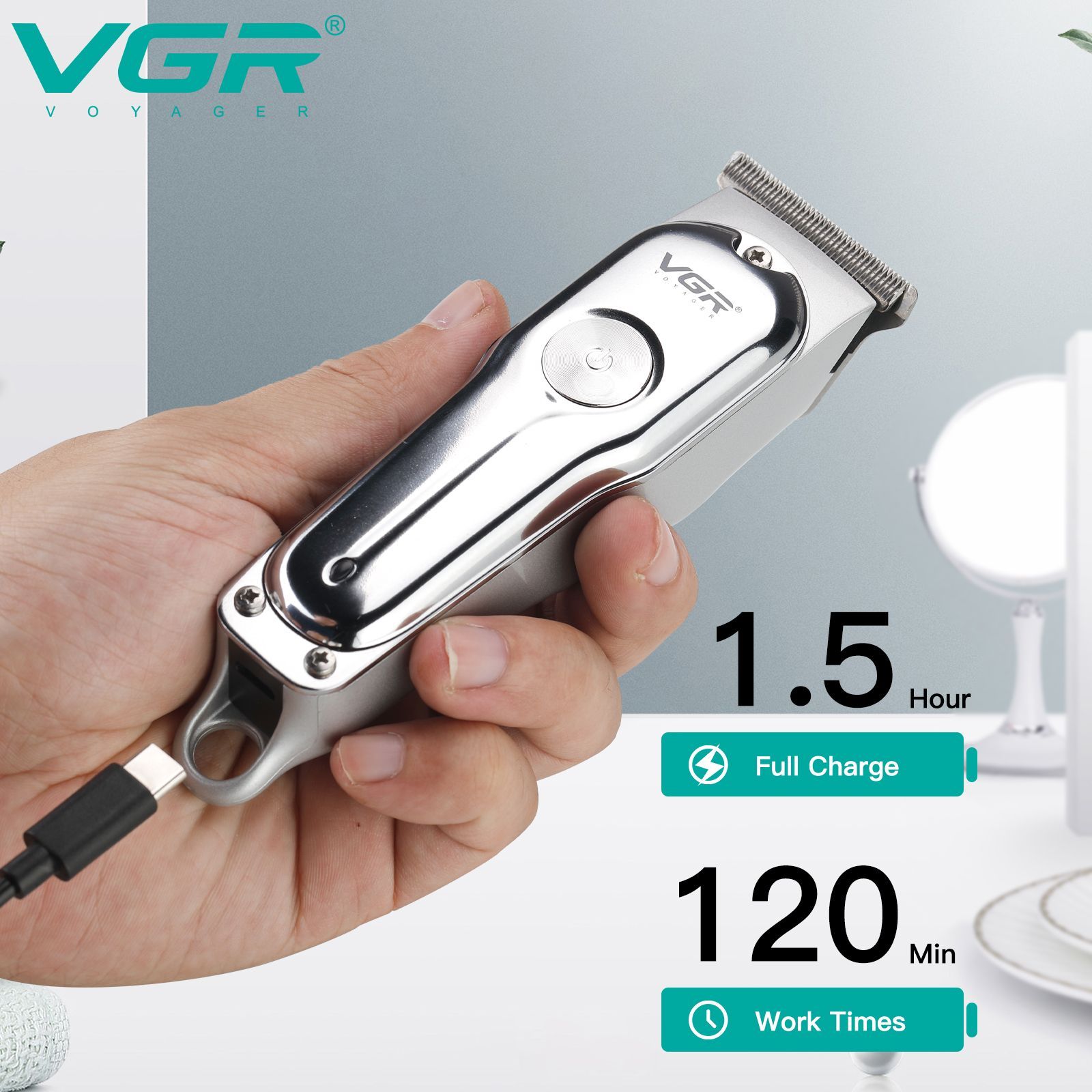 VGR India V-071 Rechargeable Corded & Cordless Dry & Wet Trimmer for Hair Clipping, Body Grooming, Beard & Mustache with 3 Length Settings for Men (120mins Runtime, Turbo Function, Silver)_7
