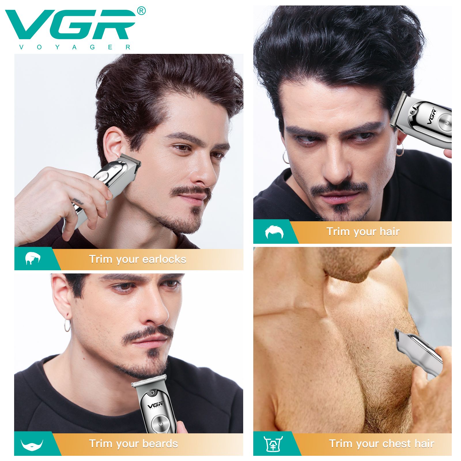 VGR India V-071 Rechargeable Corded & Cordless Dry & Wet Trimmer for Hair Clipping, Body Grooming, Beard & Mustache with 3 Length Settings for Men (120mins Runtime, Turbo Function, Silver)_9