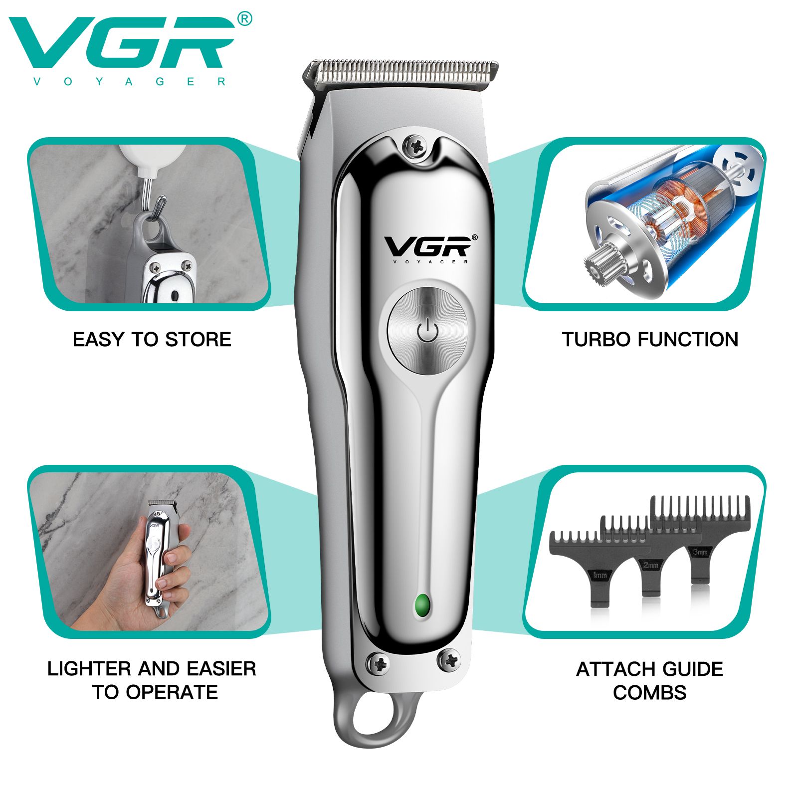 VGR India V-071 Rechargeable Corded & Cordless Dry & Wet Trimmer for Hair Clipping, Body Grooming, Beard & Mustache with 3 Length Settings for Men (120mins Runtime, Turbo Function, Silver)_10