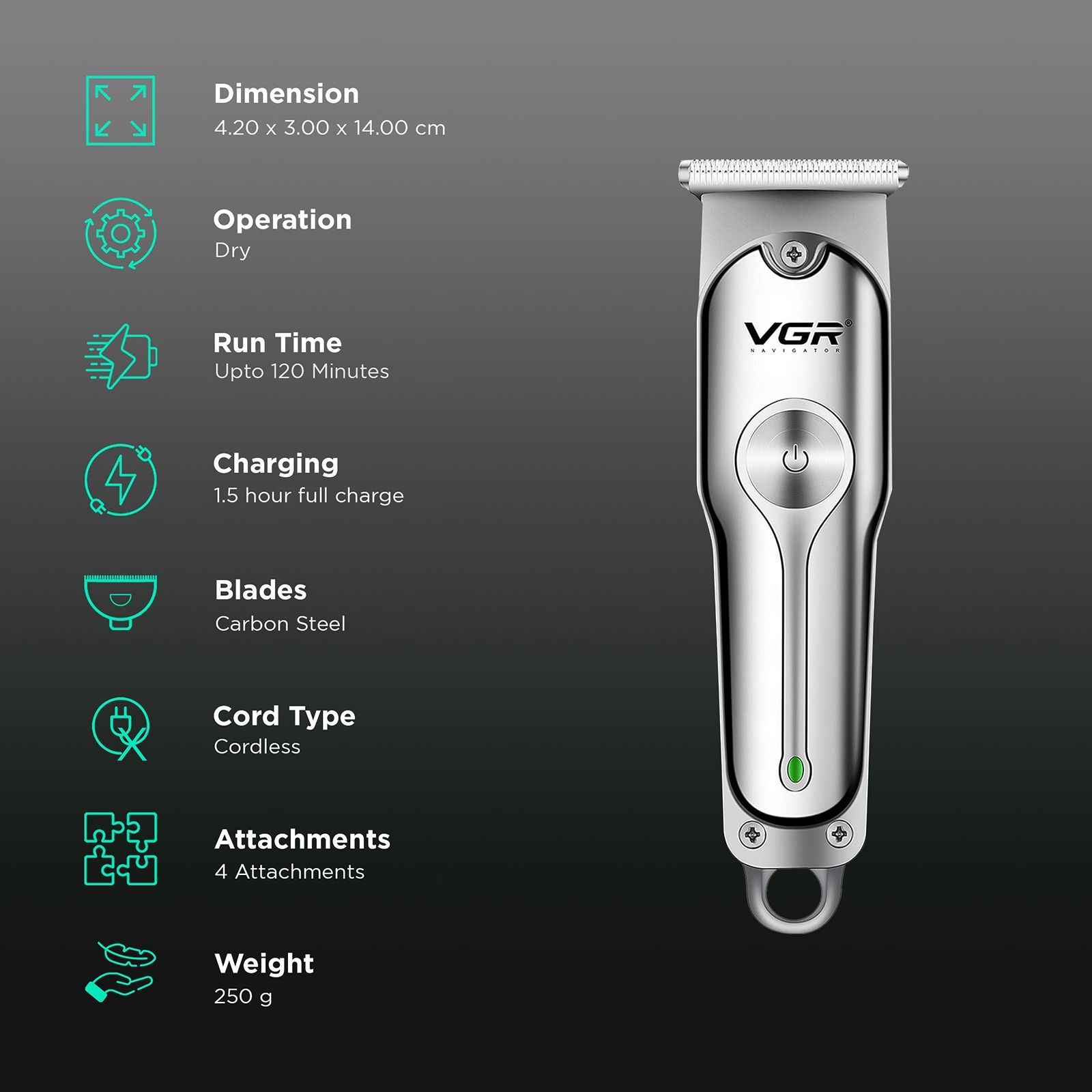 VGR India V-071 Rechargeable Corded & Cordless Dry & Wet Trimmer for Hair Clipping, Body Grooming, Beard & Mustache with 3 Length Settings for Men (120mins Runtime, Turbo Function, Silver)_2