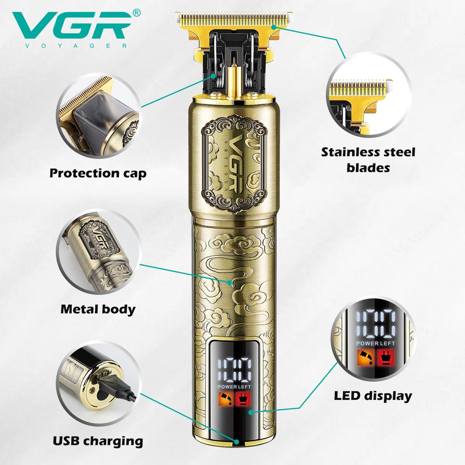 VGR V-073 Rechargeable Cordless Wet & Dry Trimmer for Hair Clipping, Beard, Moustache, Body Grooming & Intimate Areas with 4 Length Settings for Men (240min Runtime, LED Display, Gold)_8