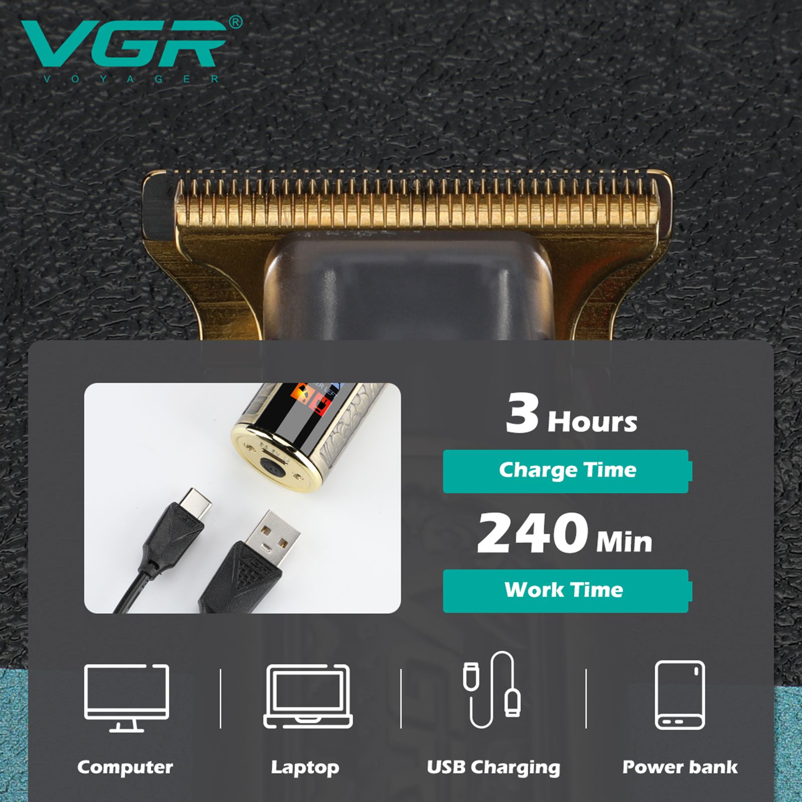 VGR V-073 Rechargeable Cordless Wet & Dry Trimmer for Hair Clipping, Beard, Moustache, Body Grooming & Intimate Areas with 4 Length Settings for Men (240min Runtime, LED Display, Gold)_9