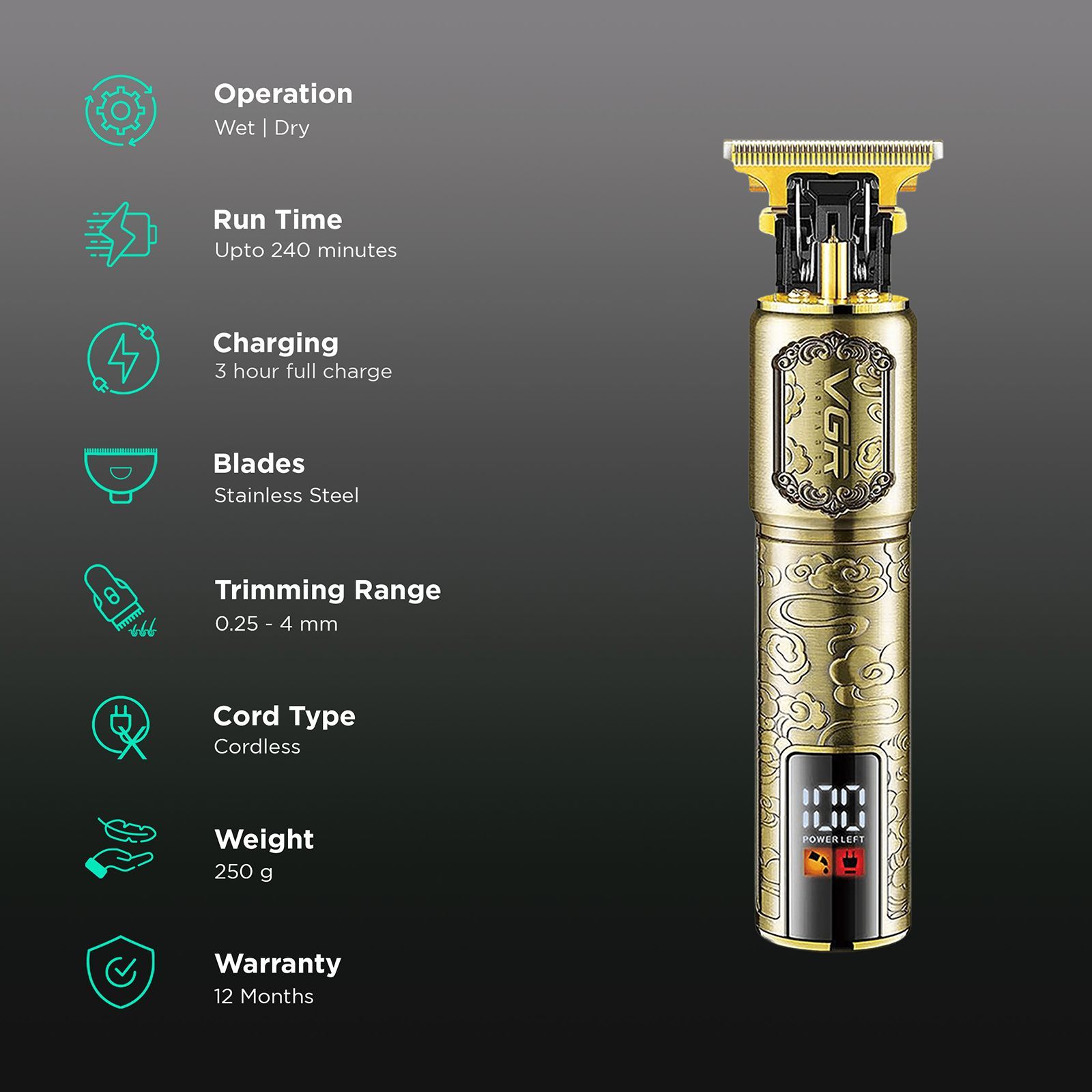 VGR V-073 Rechargeable Cordless Wet & Dry Trimmer for Hair Clipping, Beard, Moustache, Body Grooming & Intimate Areas with 4 Length Settings for Men (240min Runtime, LED Display, Gold)_2