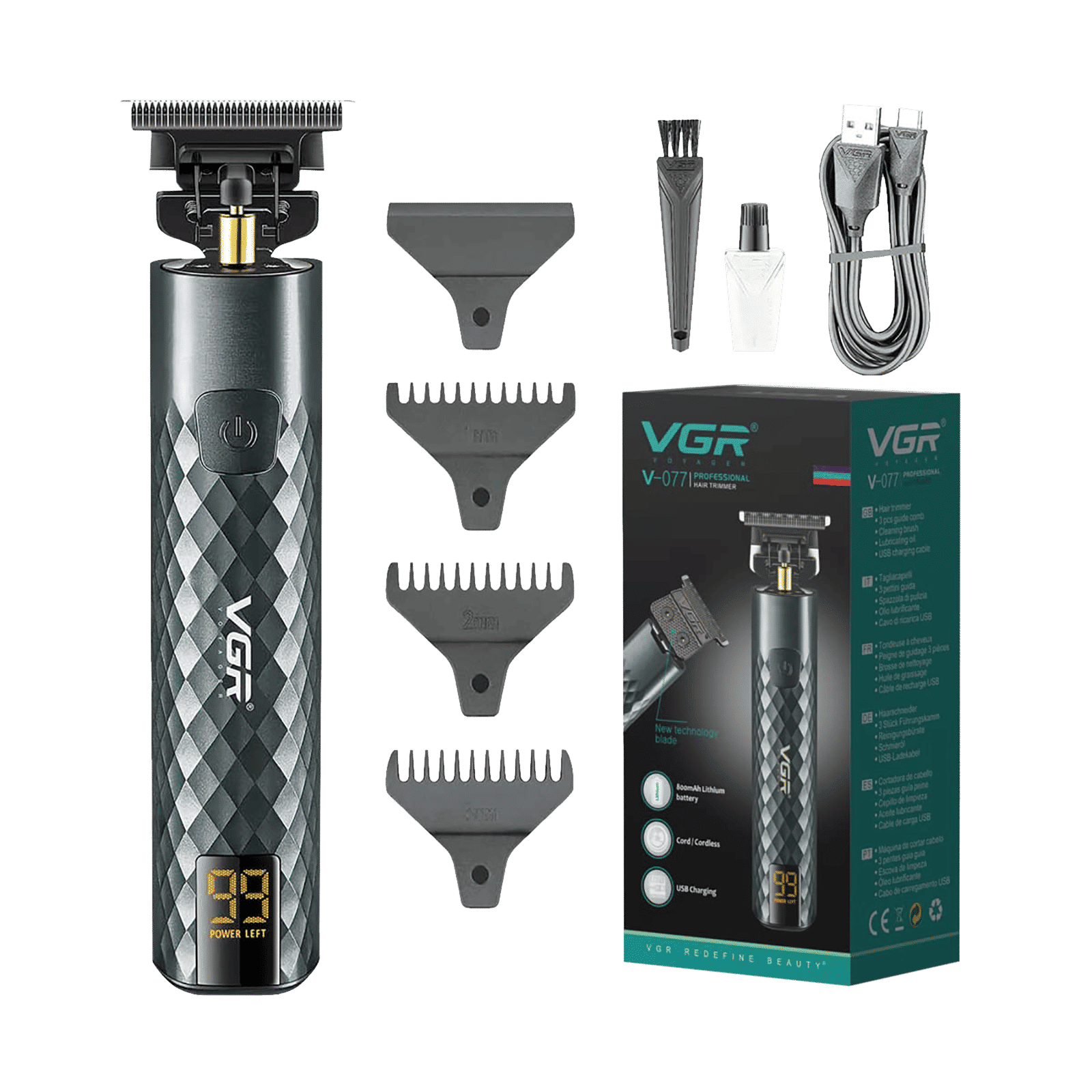 VGR V-077 Rechargeable Cordless Dry Trimmer for Hair Clipping, Beard, Moustache, Body Grooming & Intimate Areas with 3 Length Settings for Men (150min Runtime, LED Display, Black)_1