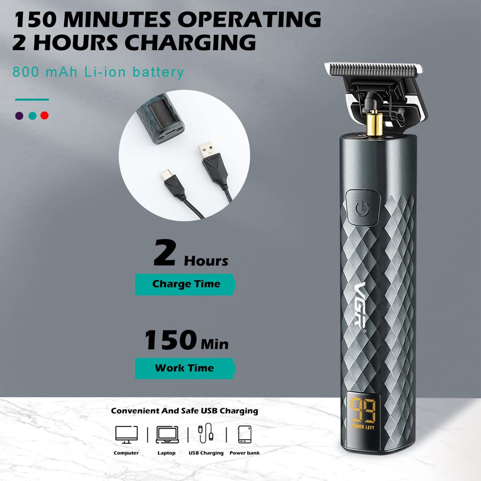 VGR V-077 Rechargeable Cordless Dry Trimmer for Hair Clipping, Beard, Moustache, Body Grooming & Intimate Areas with 3 Length Settings for Men (150min Runtime, LED Display, Black)_7