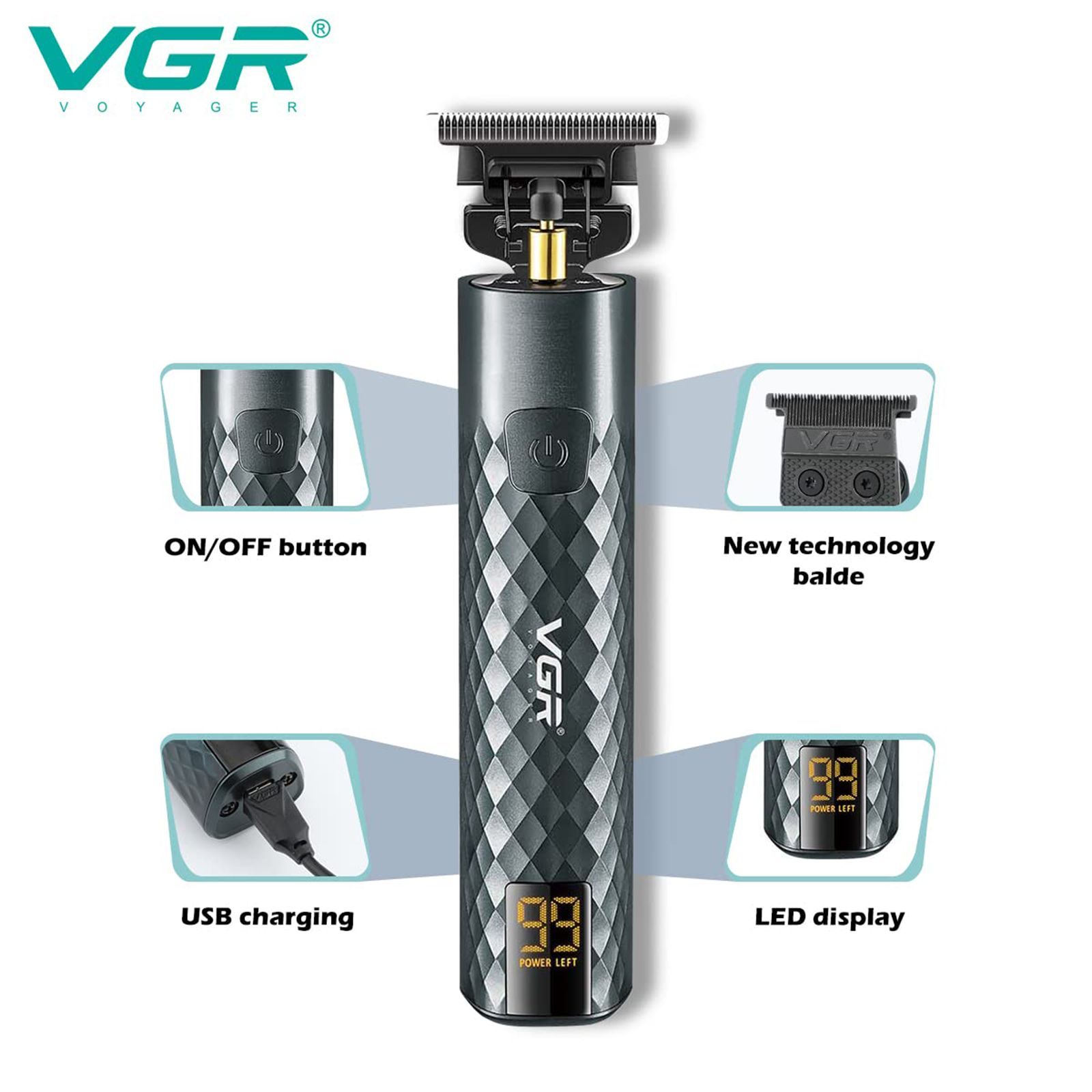 VGR V-077 Rechargeable Cordless Dry Trimmer for Hair Clipping, Beard, Moustache, Body Grooming & Intimate Areas with 3 Length Settings for Men (150min Runtime, LED Display, Black)_8