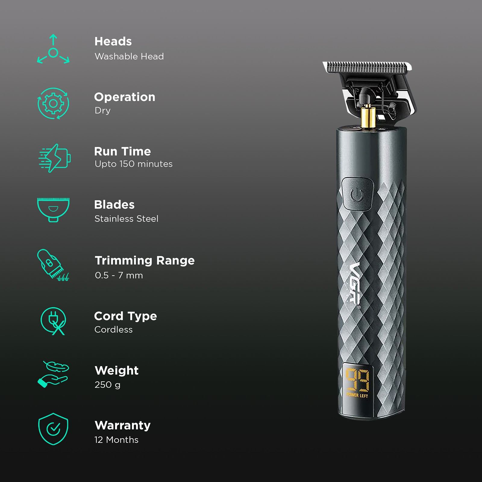 VGR V-077 Rechargeable Cordless Dry Trimmer for Hair Clipping, Beard, Moustache, Body Grooming & Intimate Areas with 3 Length Settings for Men (150min Runtime, LED Display, Black)_2
