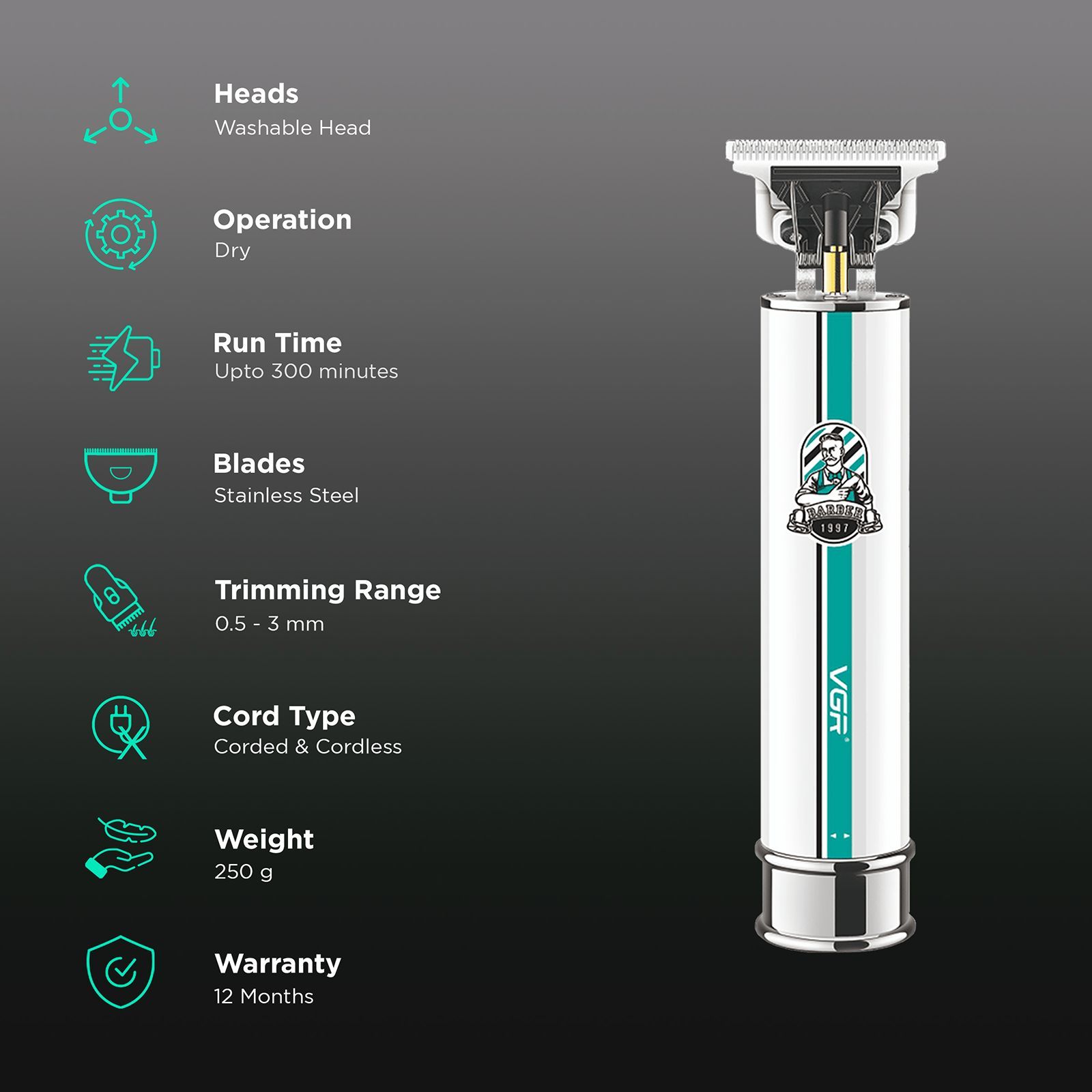 VGR V-079 Rechargeable Corded & Cordless Dry Trimmer for Hair Clipping, Beard, Moustache & Body Grooming with 4 Length Settings for Men (300min Runtime, 2-Color Light Indicator, White)_2