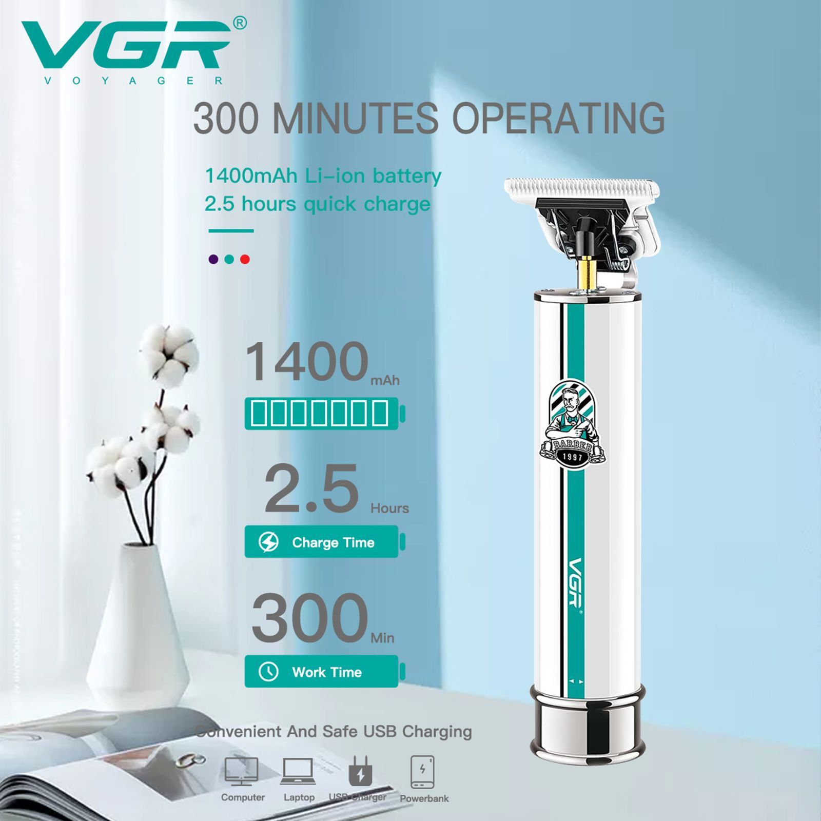 VGR V-079 Rechargeable Corded & Cordless Dry Trimmer for Hair Clipping, Beard, Moustache & Body Grooming with 4 Length Settings for Men (300min Runtime, 2-Color Light Indicator, White)_6